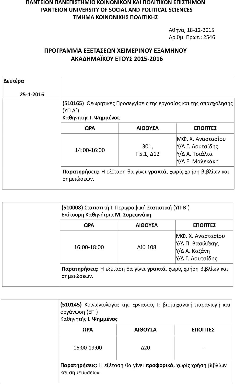 Ψημμένος 14:00-16:00 301, Γ 5.1, Δ12 ΜΦ. Χ. Αναστασίου Υ/Δ Γ. Λουτσίδης Υ/Δ Α. Τσιάλτα Υ/Δ Ε. Μαλεκάκη (510008) Στατιστική Ι: Περιγραφική Στατιστική (ΥΠ Β ) Επίκουρη Καθηγήτρια Μ.