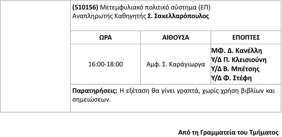 Σακελλαρόπουλος 16:00-18:00 Αμφ. Σ. Καράγιωργα ΜΦ.