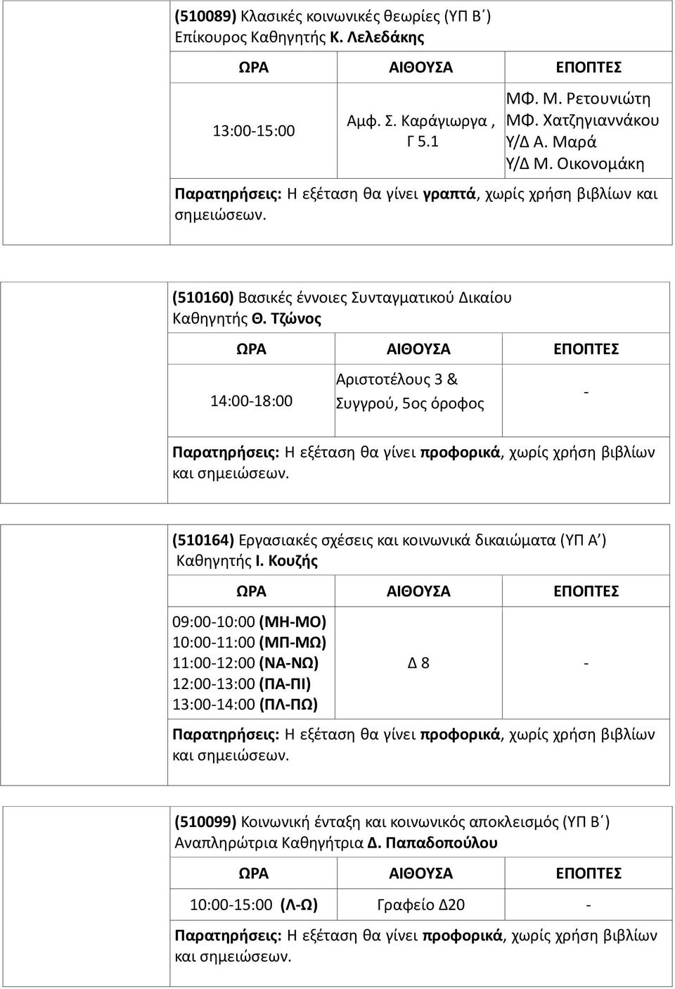 Τζώνος 14:00-18:00 Αριστοτέλους 3 & Συγγρού, 5ος όροφος - και (510164) Εργασιακές σχέσεις και κοινωνικά δικαιώματα (ΥΠ Α ) 09:00-10:00 (ΜΗ-ΜΟ)