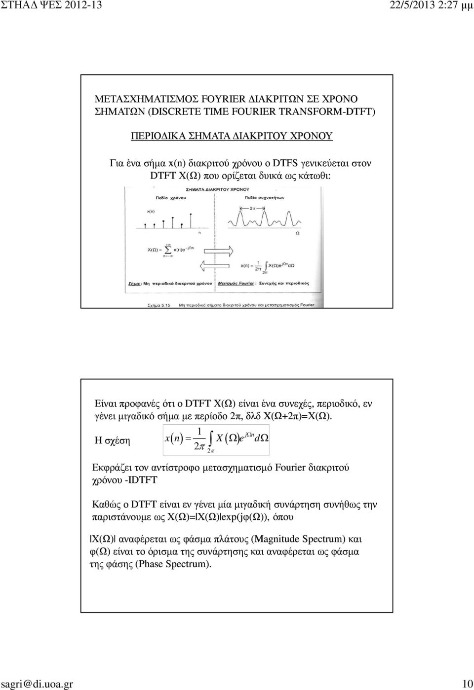 jωn x n = X Ω e dω Η σχέση ( ) ( ) Εκφράζει τον αντίστροφο µετασχηµατισµό Fourier διακριτού χρόνου -IDTFT Καθώς ο DTFT είναι εν γένει µία µιγαδική συνάρτηση συνήθως την παριστάνουµε