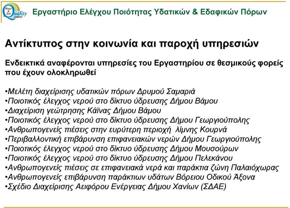 περιοχή λίμνης Κουρνά Περιβαλλοντική επιβάρυνση επιφανειακών νερών ήμου Γεωργιούπολης Ποιοτικός έλεγχος νερού στο δίκτυο ύδρευσης ήμου Μουσούρων Ποιοτικός έλεγχος νερού στο δίκτυο ύδρευσης