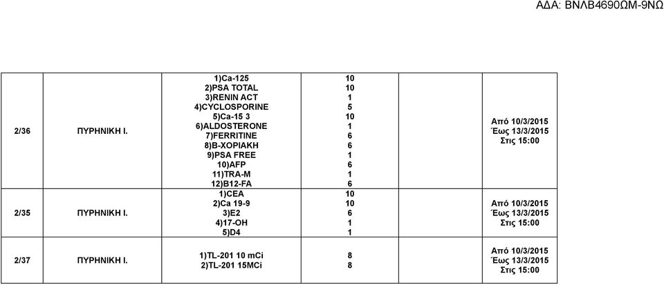 6)ALDOSTERONE 7)FERRITINE 8)B-ΧΟΡΙΑΚΗ 9)PSA FREE 0)AFP )TRA-M