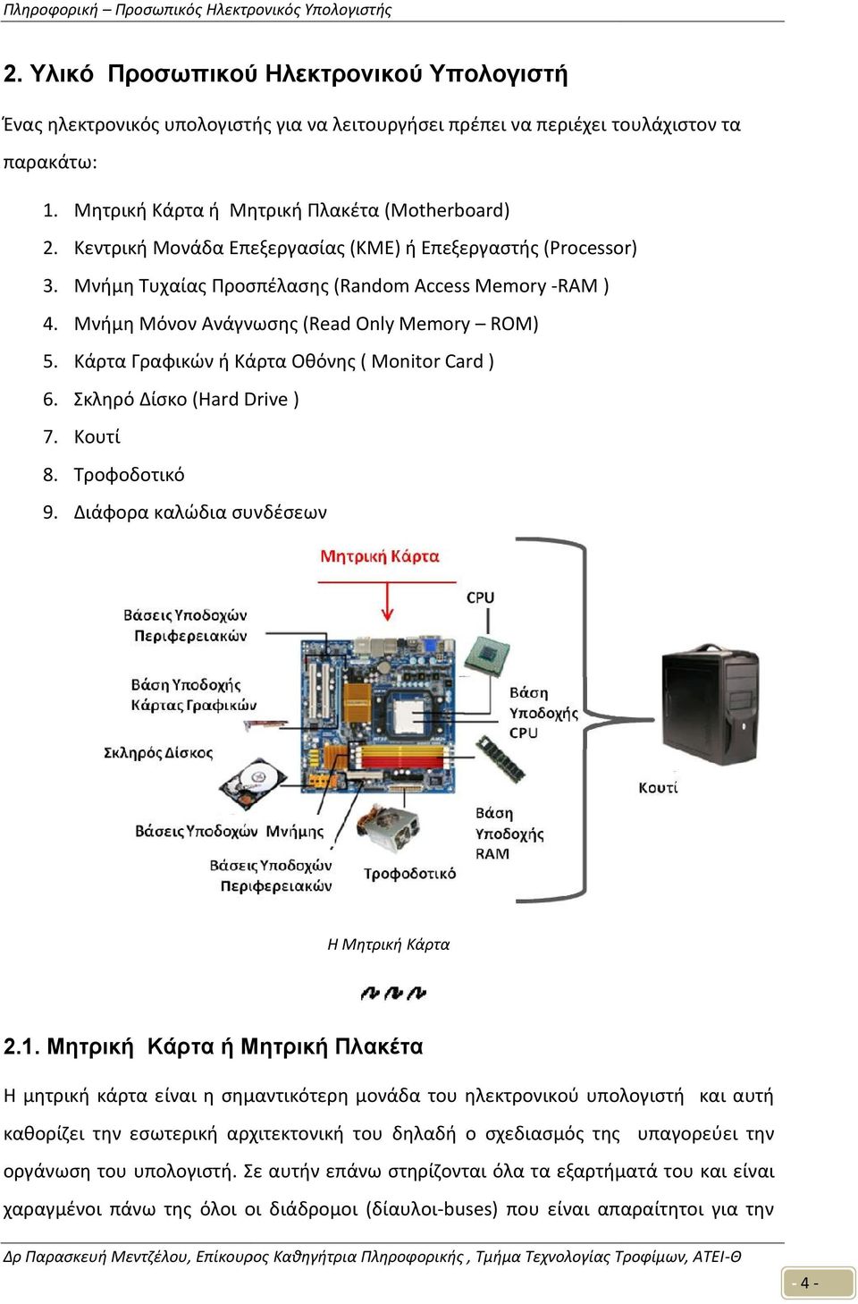 Κάρτα Γραφικών ή Κάρτα Οθόνης ( Monitor Card ) 6. Σκληρό Δίσκο (Hard Drive ) 7. Κουτί 8. Τροφοδοτικό 9. Διάφορα καλώδια συνδέσεων Η Μητρική Κάρτα 2.1.