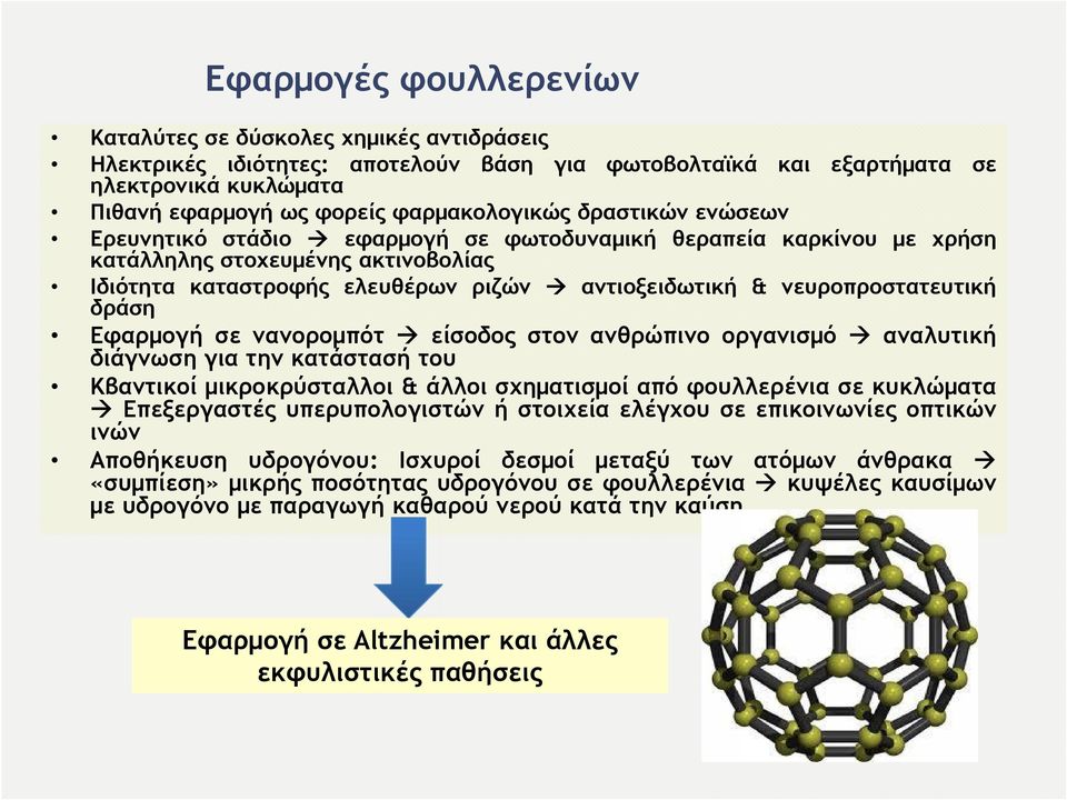 δράση Εφαρμογή σε νανορομπότ είσοδος στον ανθρώπινο οργανισμό αναλυτική διάγνωση για την κατάστασή του Κβαντικοί μικροκρύσταλλοι & άλλοι σχηματισμοί από φουλλερένια σε κυκλώματα Επεξεργαστές