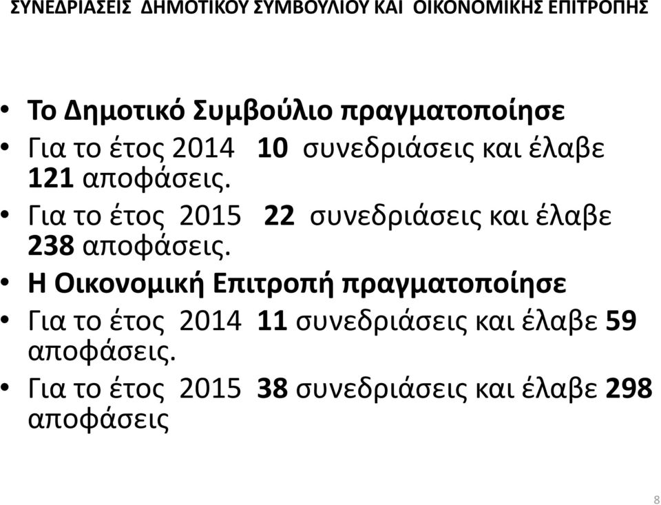 Για το έτος 2015 22 συνεδριάσεις και έλαβε 238 αποφάσεις.