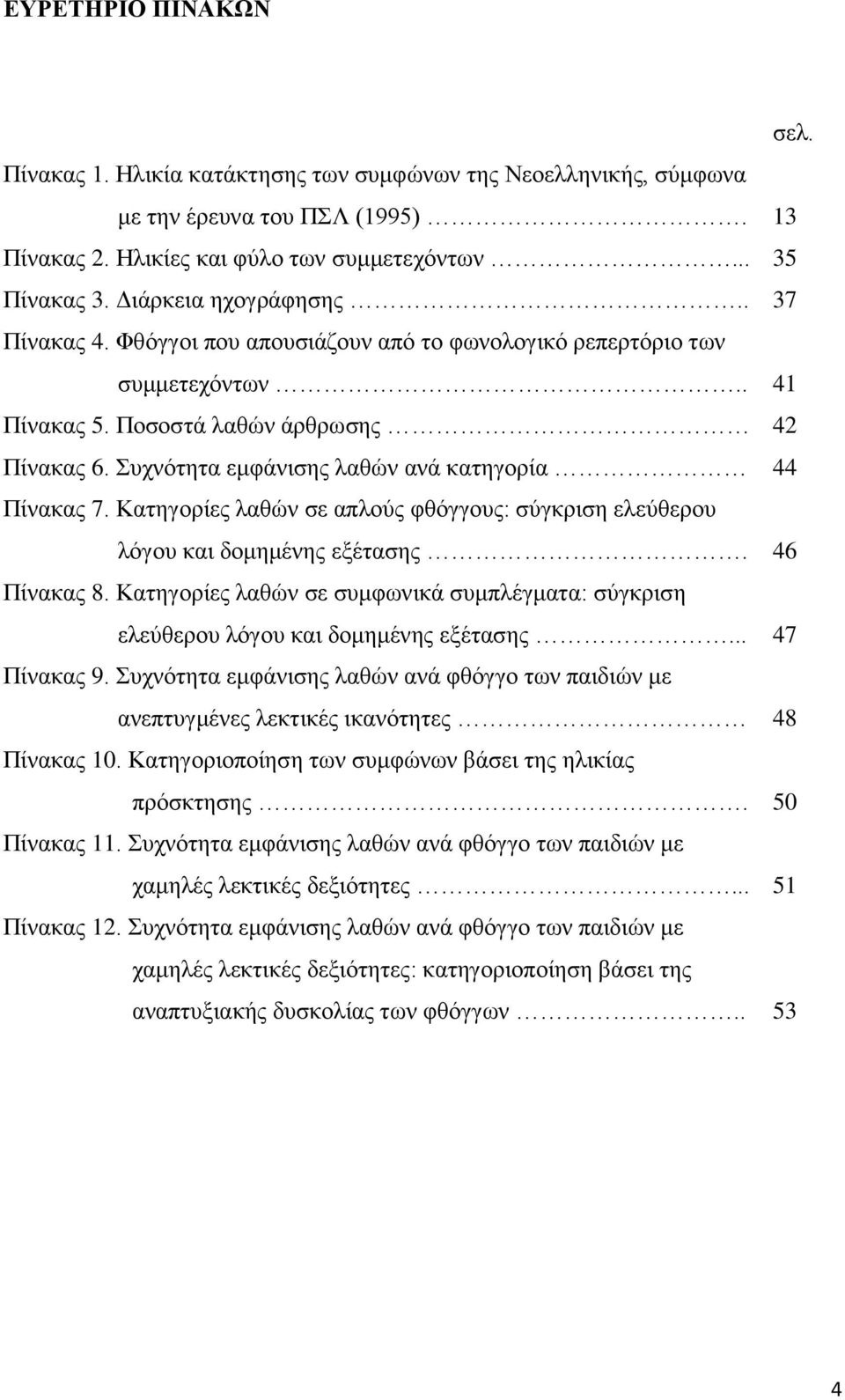 πρλφηεηα εκθάληζεο ιαζψλ αλά θαηεγνξία 44 Πίλαθαο 7. Καηεγνξίεο ιαζψλ ζε απινχο θζφγγνπο: ζχγθξηζε ειεχζεξνπ ιφγνπ θαη δνκεκέλεο εμέηαζεο. 46 Πίλαθαο 8.