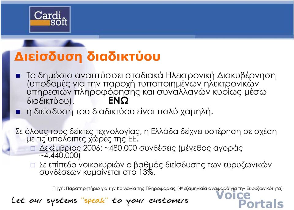 Σε όλους τους δείκτες τεχνολογίας, η Ελλάδα δείχνει υστέρηση σε σχέση µε τις υπόλοιπες χώρες της ΕΕ. εκέµβριος 2006: ~480.