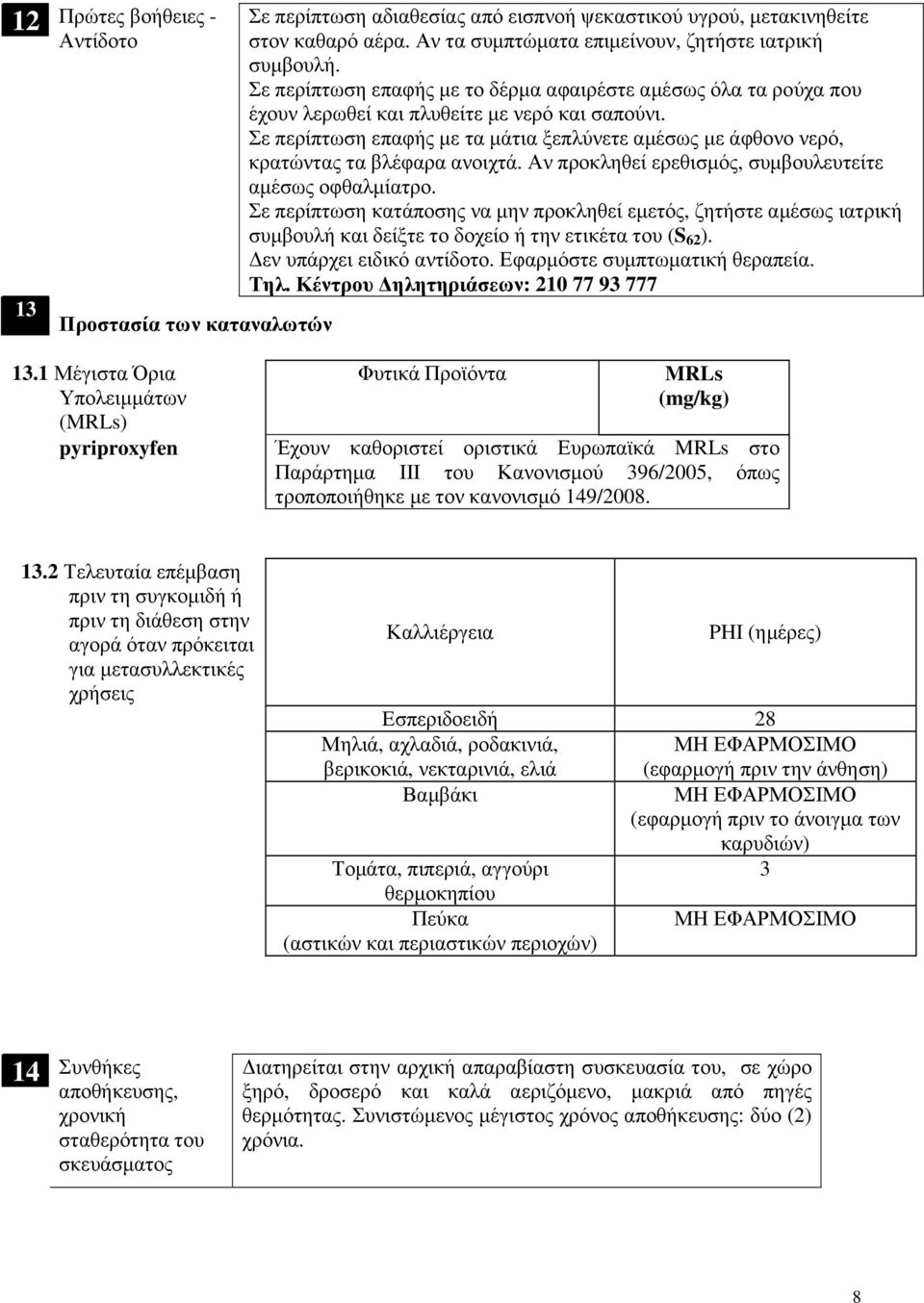 Σε περίπτωση επαφής µε τα µάτια ξεπλύνετε αµέσως µε άφθονο νερό, κρατώντας τα βλέφαρα ανοιχτά. Αν προκληθεί ερεθισµός, συµβουλευτείτε αµέσως οφθαλµίατρο.