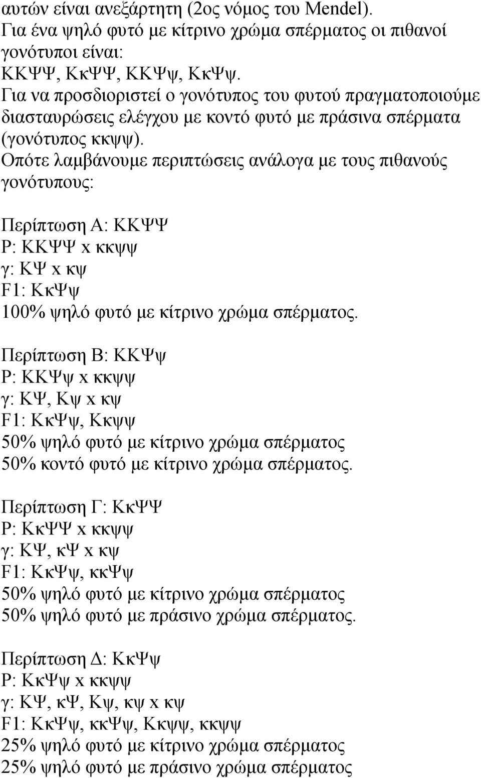 Οπότε λαμβάνουμε περιπτώσεις ανάλογα με τους πιθανούς γονότυπους: Περίπτωση Α: ΚΚΨΨ Ρ: ΚΚΨΨ x κκψψ γ: ΚΨ x κψ F1: ΚκΨψ 100% ψηλό φυτό με κίτρινο χρώμα σπέρματος.