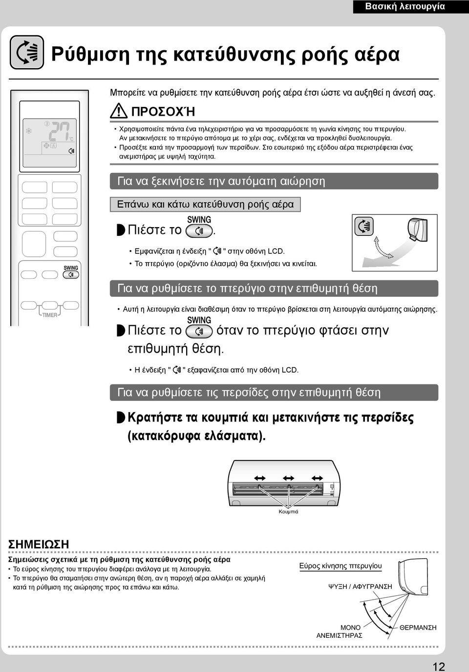 Προσέξτε κατά την προσαρμογή των περσίδων. Στο εσωτερικό της εξόδου αέρα περιστρέφεται ένας ανεμιστήρας με υψηλή ταχύτητα.