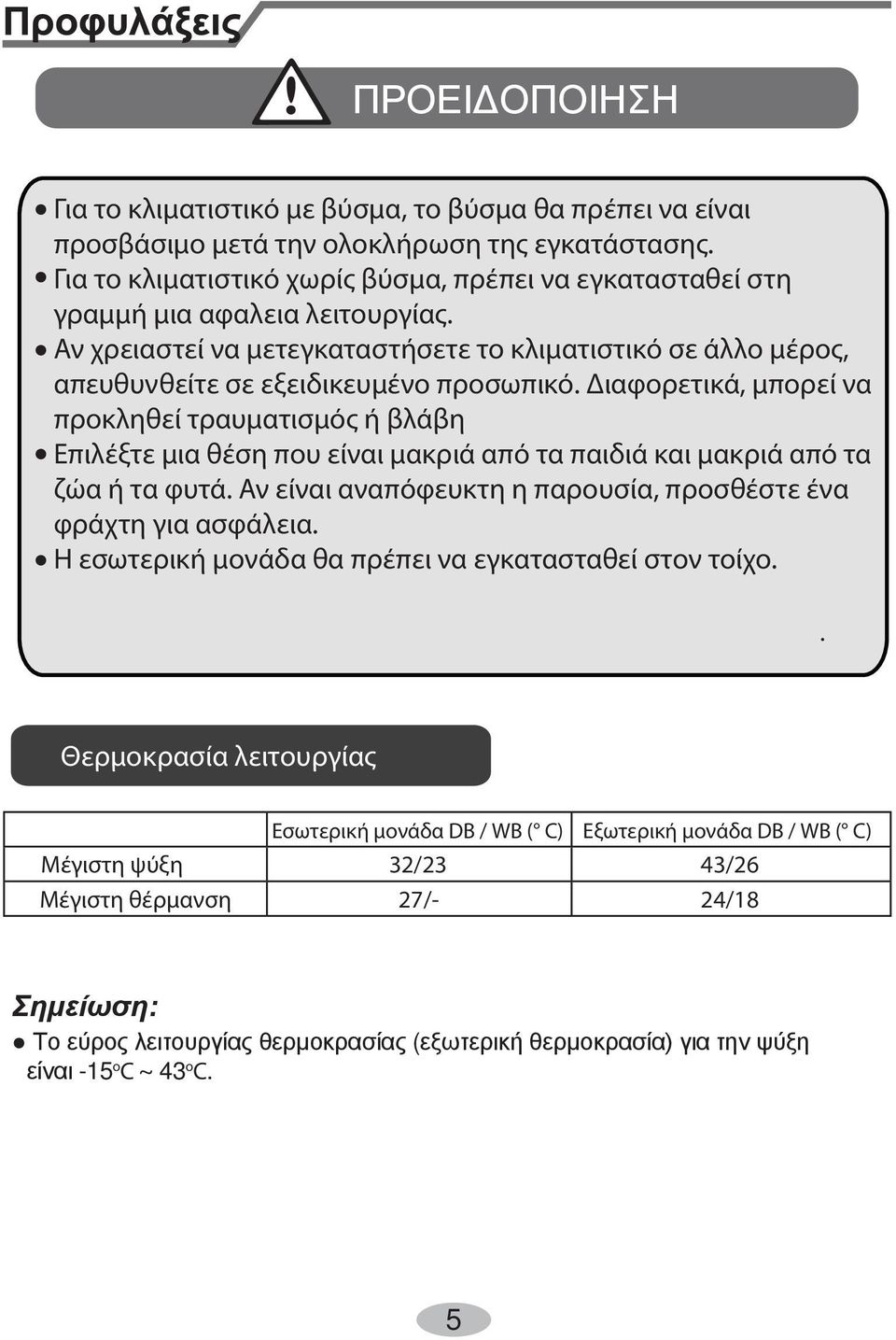 Αν χρειαστεί να μετεγκαταστήσετε το κλιματιστικό σε άλλο μέρος, απευθυνθείτε σε εξειδικευμένο προσωπικό.