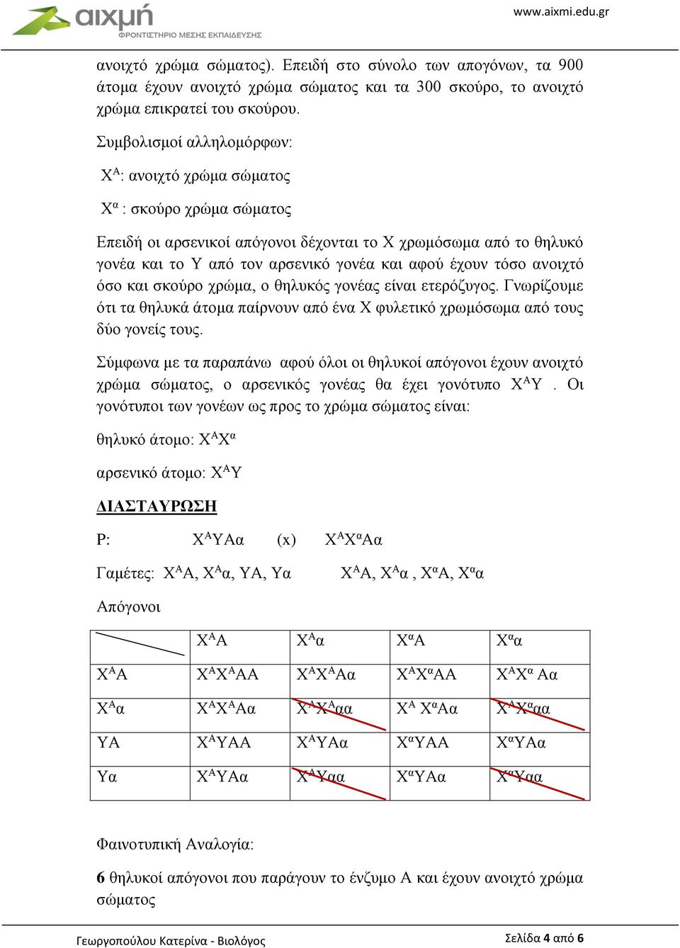 έχουν τόσο ανοιχτό όσο και σκούρο χρώμα, ο θηλυκός γονέας είναι ετερόζυγος. Γνωρίζουμε ότι τα θηλυκά άτομα παίρνουν από ένα Χ φυλετικό χρωμόσωμα από τους δύο γονείς τους.