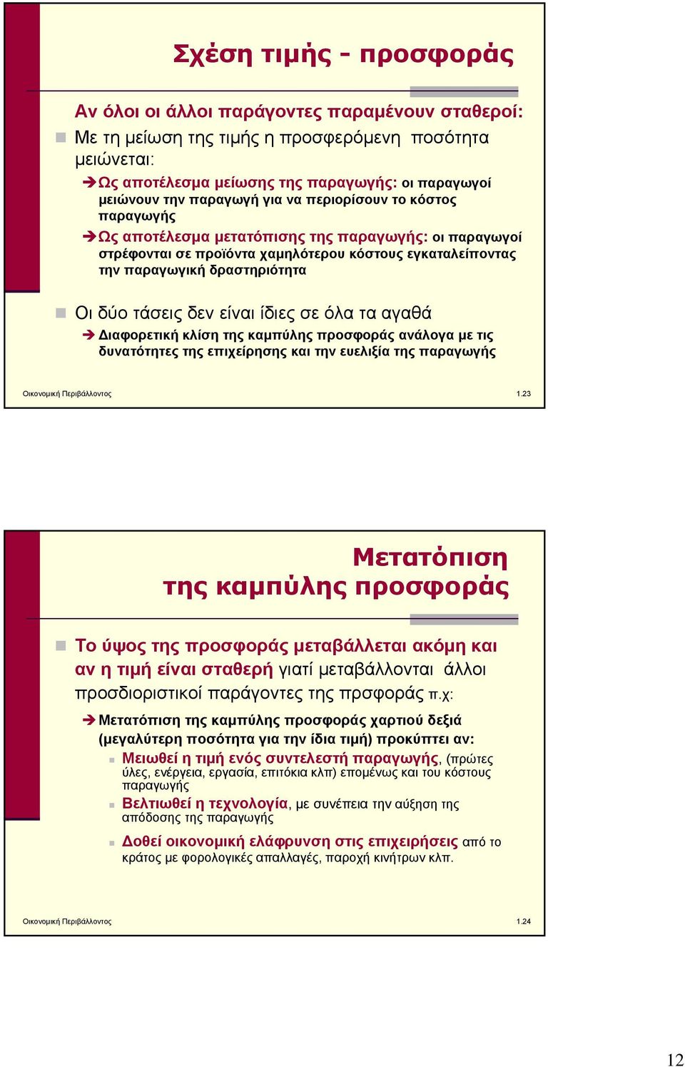 τάσεις δεν είναι ίδιες σε όλα τα αγαθά Διαφορετική κλίση της καμπύλης προσφοράς ανάλογα με τις δυνατότητες της επιχείρησης και την ευελιξία της παραγωγής Οικονομική Περιβάλλοντος 1.