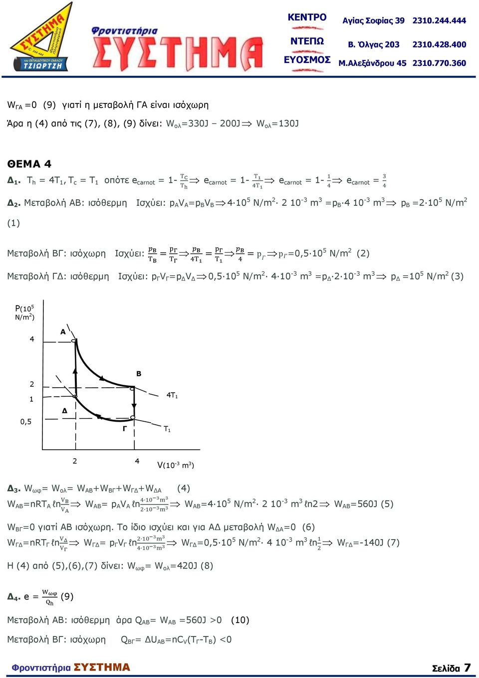 T h = 4T 1, T c = T 1 οπότε e carnot = 1- e carnot = 1- e carnot = 1- e carnot = Δ 2.