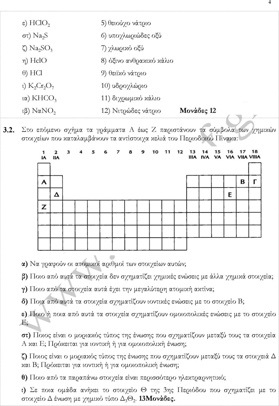 12) Νιτρώδες νάτριο Μονάδες 12 3.2. Στο επόμενο σχήμα τα γράμματα Α έως Ζ παριστάνουν τα σύμβολα των χημικών στοιχείων που καταλαμβάνουν τα αντίστοιχα κελιά του Περιοδικού Πίνακα: α) Να γραφούν οι