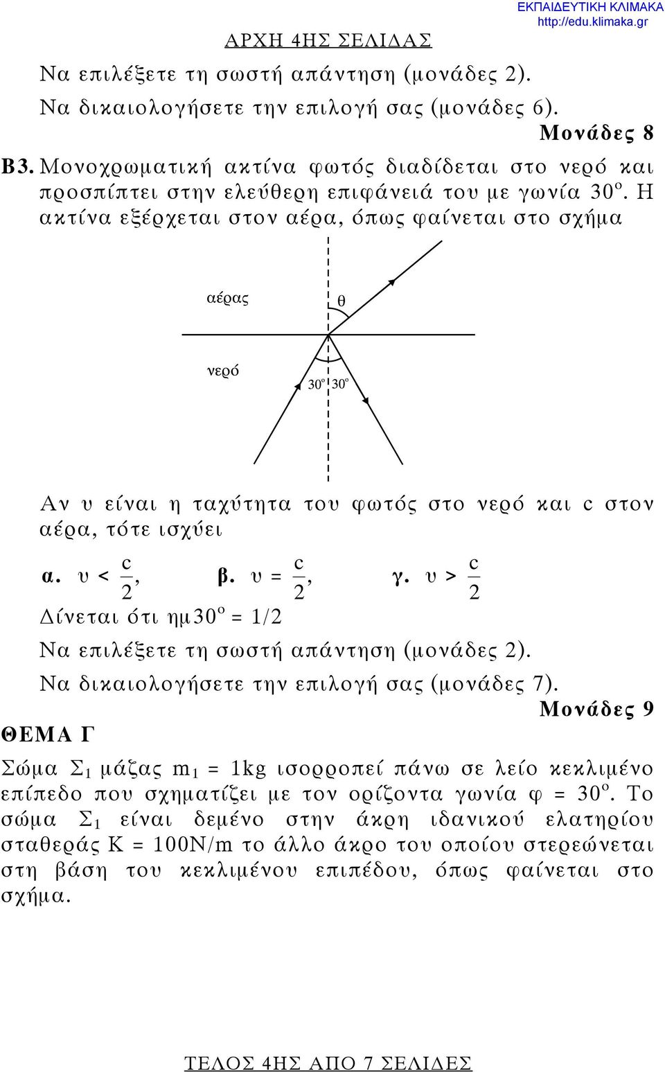 Η ακτίνα εξέρχεται στον αέρα, όπως φαίνεται στο σχήμα Αν υ είναι η ταχύτητα του φωτός στο νερό και c στον αέρα, τότε ισχύει α. υ < 2 c, β. υ = 2 c, γ.