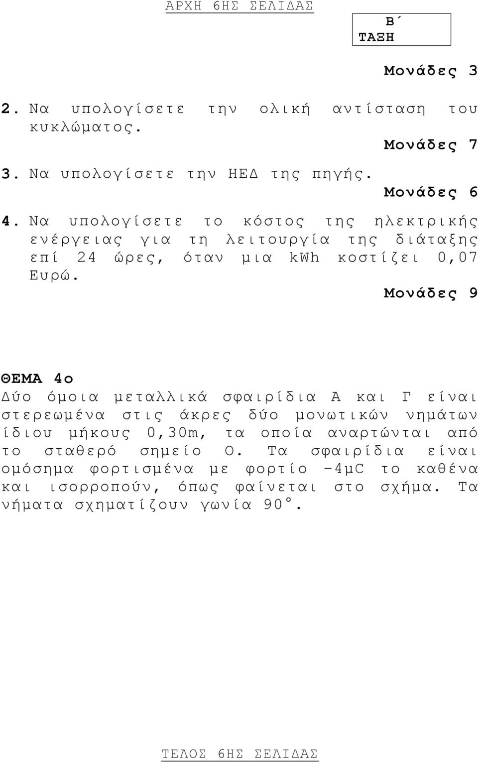 Μονάδες 9 ΘΕΜΑ 4ο Δύο όμοια μεταλλικά σφαιρίδια Α και είναι στερεωμένα στις άκρες δύο μονωτικών νημάτων ίδιου μήκους 0,30m, τα οποία αναρτώνται