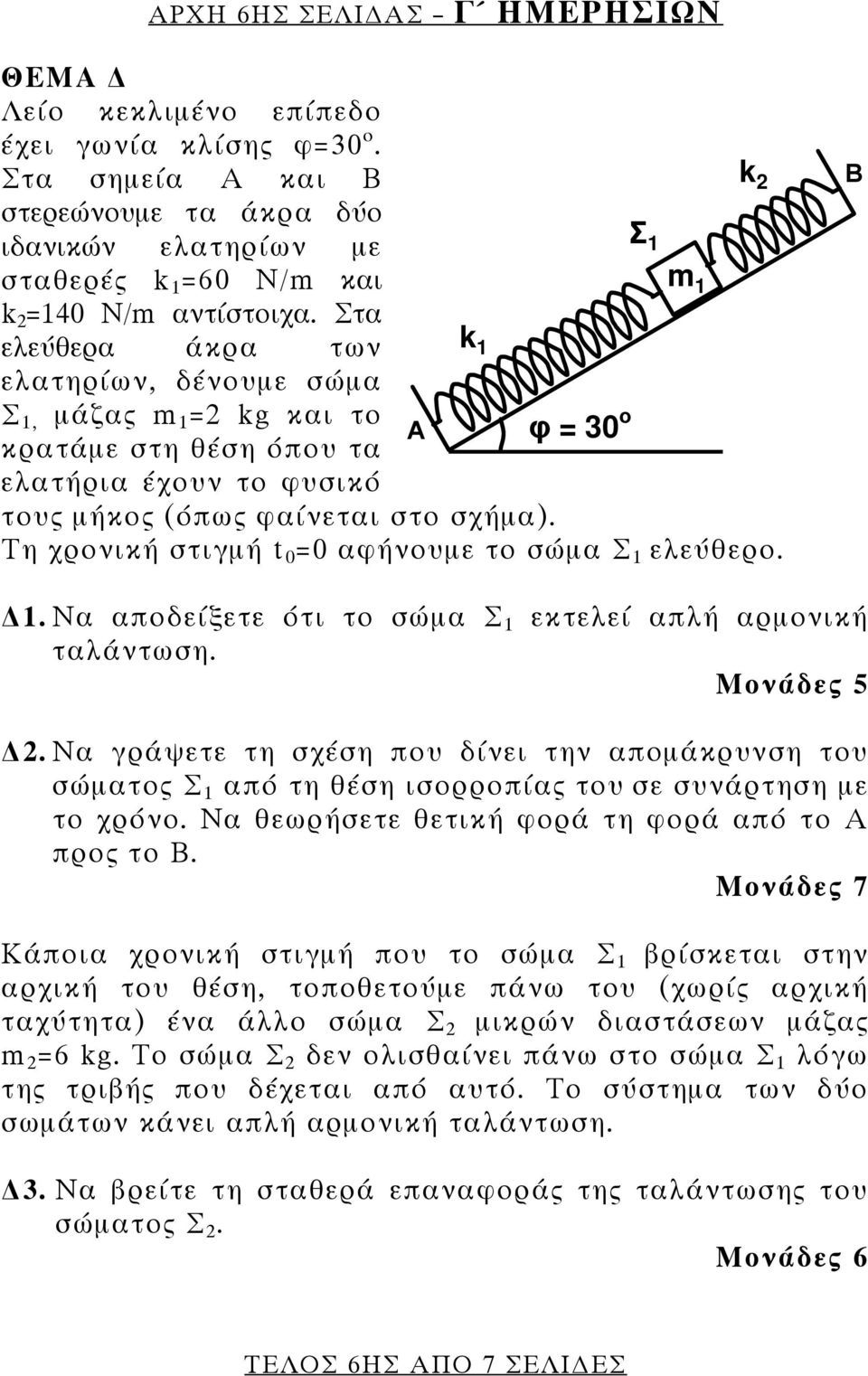 Στα ελεύθερα άκρα των k 1 ελατηρίων, δένομε σώμα Σ 1, μάζας m 1 = kg και το κρατάμε στη θέση όπο τα ελατήρια έχον το φσικό Α φ = 30 ο τος μήκος (όπως φαίνεται στο σχήμα).