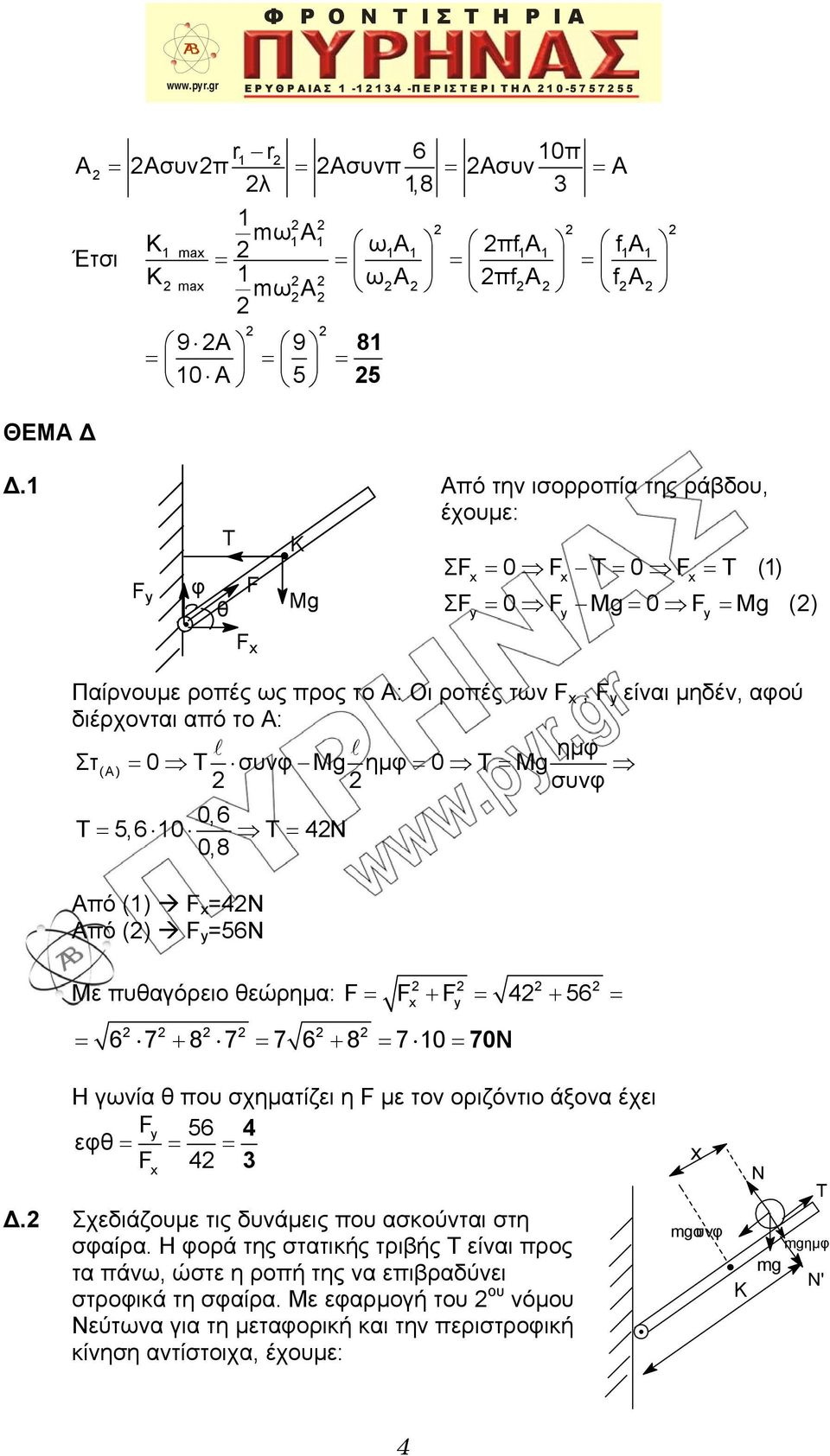 0 Τ συνφmg ημφ 0 Τ Mg συνφ 0,6 Τ,6 0 Τ Ν 0,8 Από () F x =N Από () F y =6N Με πυθαγόρειο θεώρημα: F F F 6 6 7 8 7 7 6 8 7070N x y Η γωνία θ που σχηματίζει η F με τον οριζόντιο άξονα έχει Fy 6 εφθ F x.