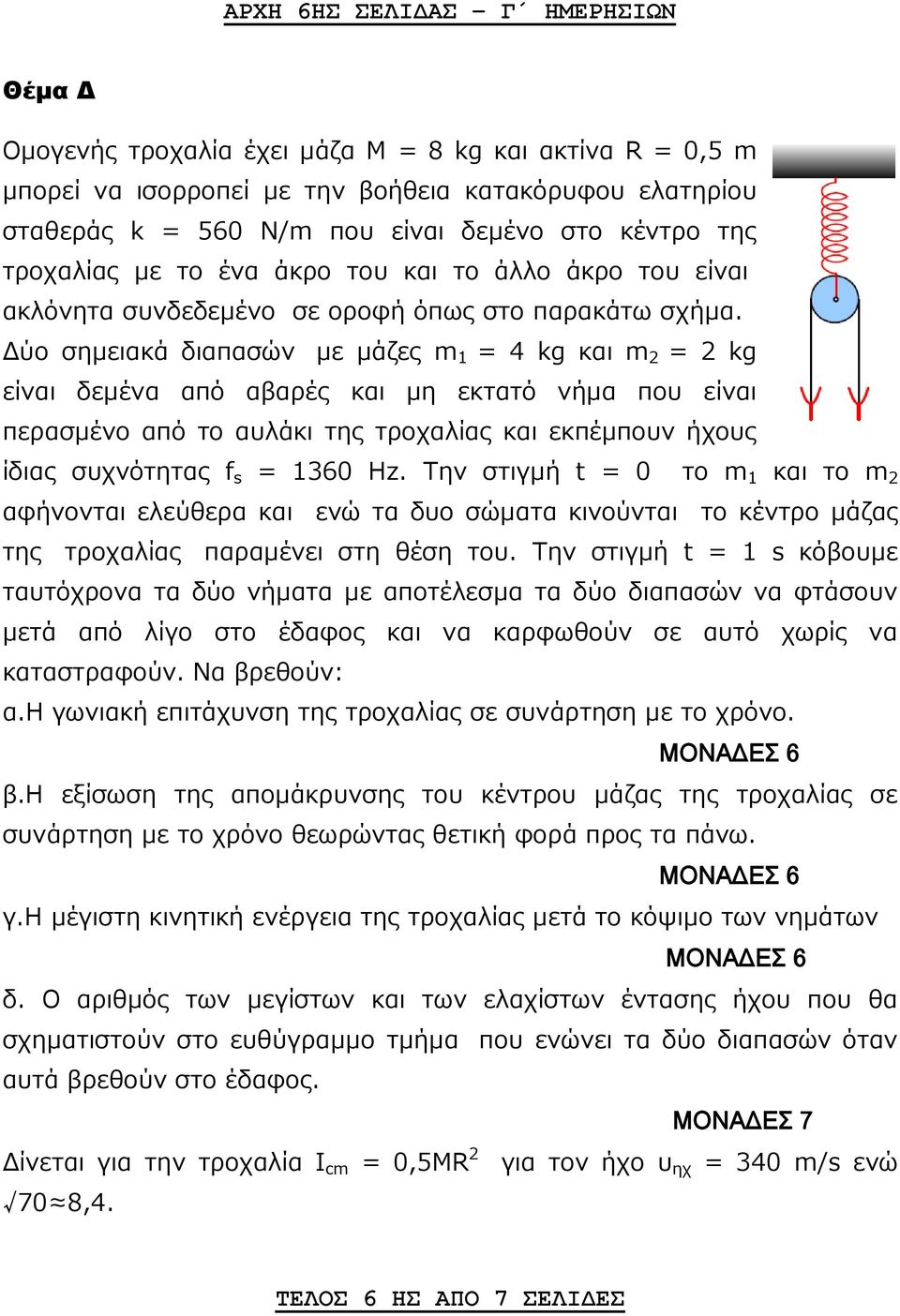 Δύο σημειακά διαπασών με μάζες m 1 = 4 kg και m 2 = 2 kg είναι δεμένα από αβαρές και μη εκτατό νήμα που είναι περασμένο από το αυλάκι της τροχαλίας και εκπέμπουν ήχους ίδιας συχνότητας f s = 160 Hz.