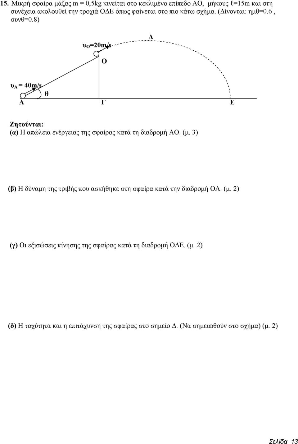 8) υ O =20m/s Δ Ο υ Α = 40m/s θ Α Γ Ε Ζητούνται: (α) Η απώλεια ενέργειας της σφαίρας κατά τη διαδρομή ΑΟ. (μ.