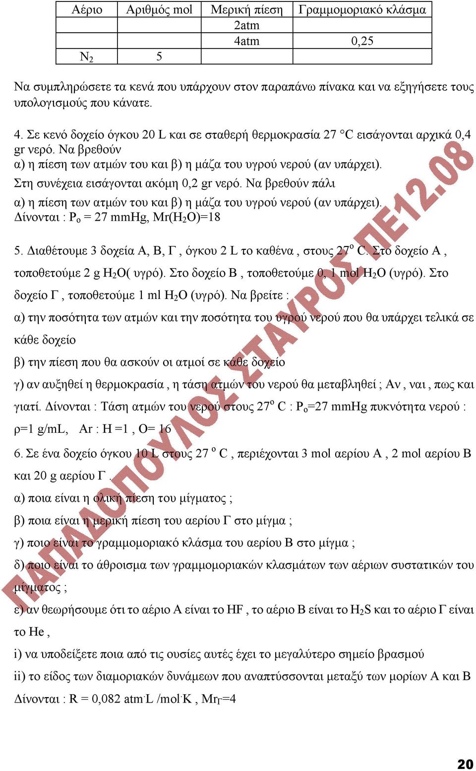 Να βρεθούν πάλι α) η πίεση των ατμών του και β) η μάζα του υγρού νερού (αν υπάρχει). Δίνονται : Ρ ο = 27 mmhg, Mr(H 2 O)=18 5. Διαθέτουμε 3 δοχεία Α, Β, Γ, όγκου 2 L το καθένα, στους 27 ο C.