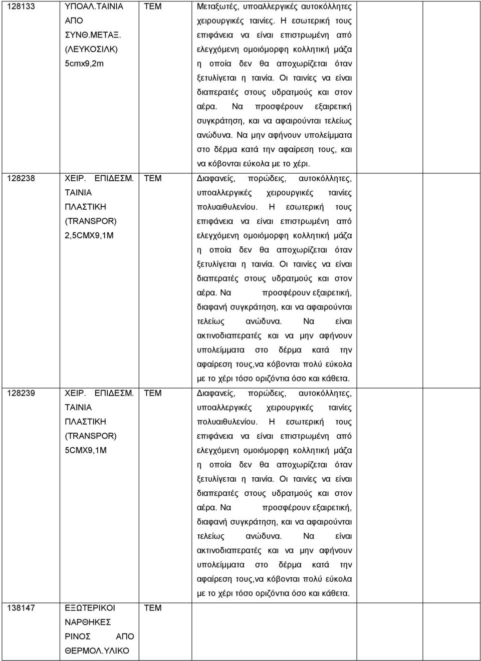 Η εσωτερική τους επιφάνεια να είναι επιστρωµένη από ελεγχόµενη οµοιόµορφη κολλητική µάζα η οποία δεν θα αποχωρίζεται όταν ξετυλίγεται η ταινία.