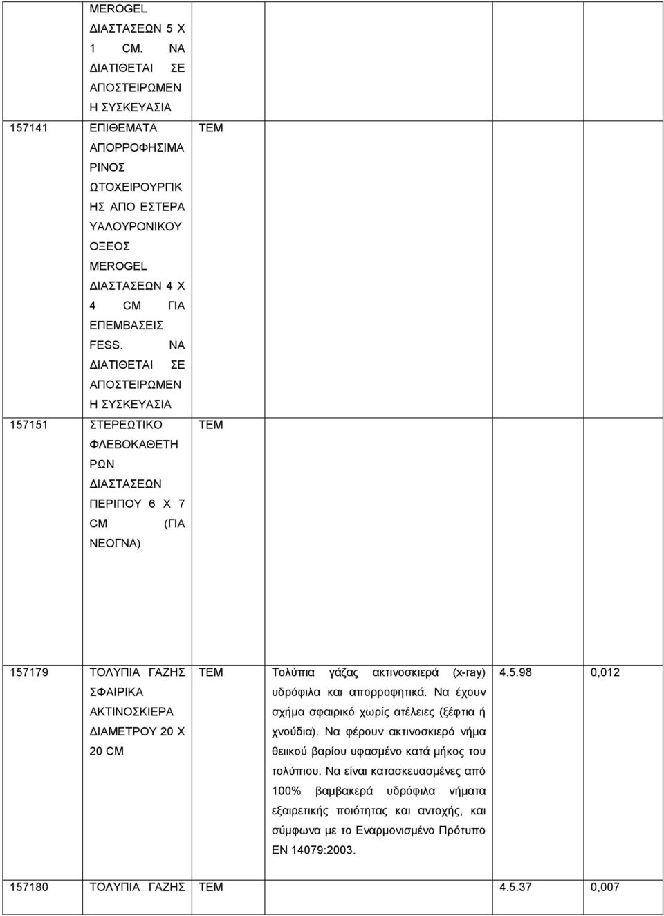 ΝΑ ΙΑΤΙΘΕΤΑΙ ΣΕ ΑΠΟΣΤΕΙΡΩΜΕΝ Η ΣΥΣΚΕΥΑΣΙΑ 157151 ΣΤΕΡΕΩΤΙΚΟ ΦΛΕΒΟΚΑΘΕΤΗ ΡΩΝ ΙΑΣΤΑΣΕΩΝ ΠΕΡΙΠΟΥ 6 Χ 7 CM (ΓΙΑ ΝΕΟΓΝΑ) 157179 ΤΟΛΥΠΙΑ ΓΑΖΗΣ ΣΦΑΙΡΙΚΑ ΑΚΤΙΝΟΣΚΙΕΡΑ ΙΑΜΕΤΡΟΥ 20 Χ 20 CM Τολύπια γάζας