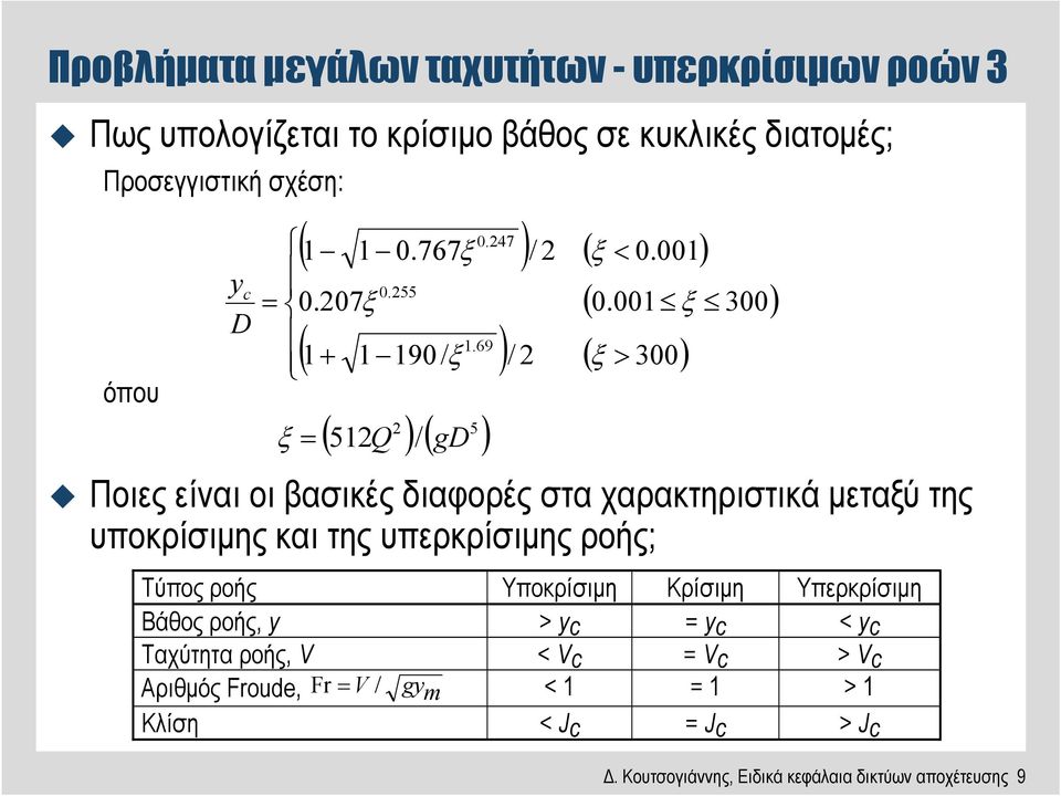 69 1+ 1 190/ ξ / 2 ( ξ > 300) ξ = 5 ( 512Q 2 )/( gd ) Ποιες είναι οι βασικές διαφορές στα χαρακτηριστικά µεταξύ της υποκρίσιµης και της