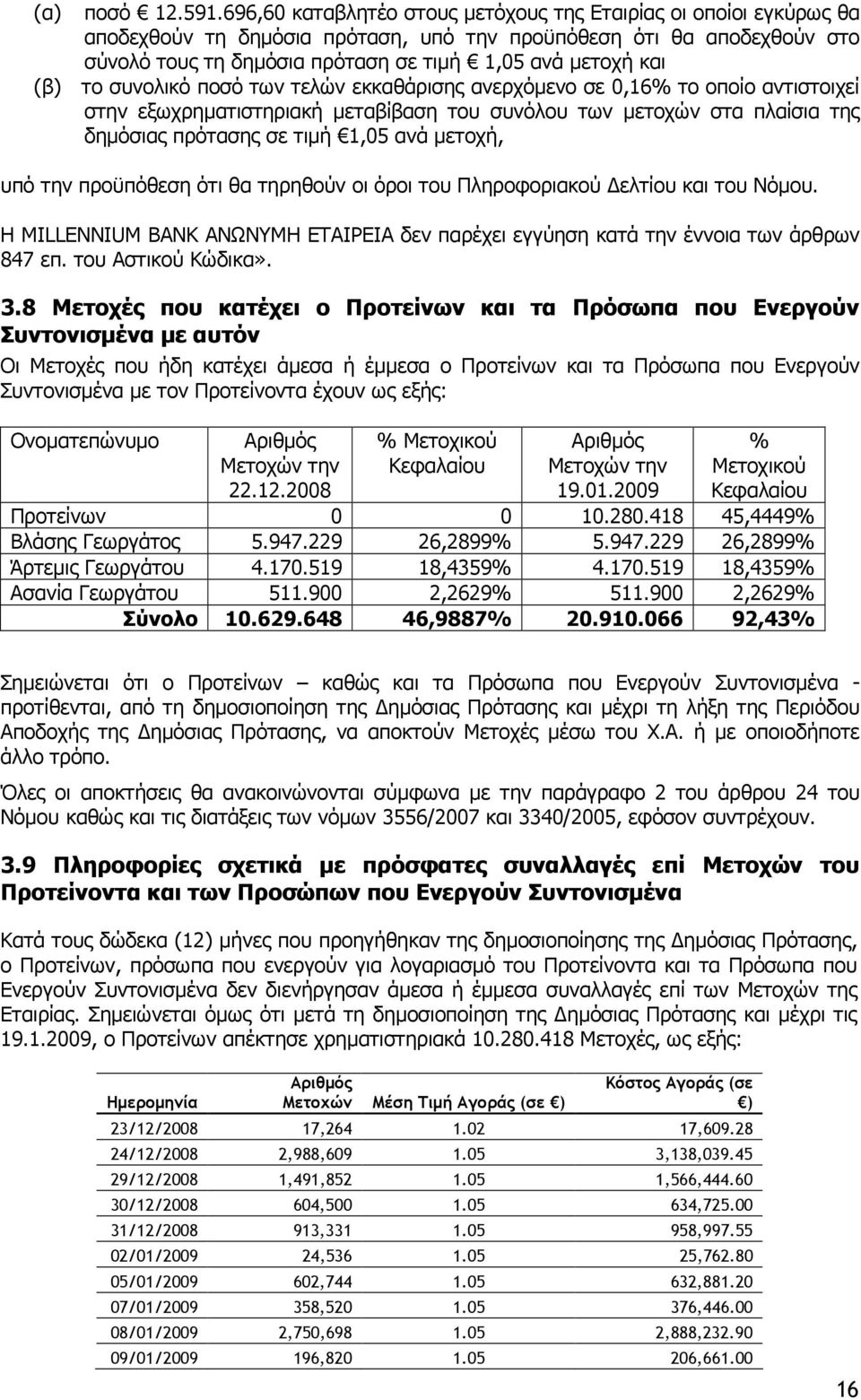 (β) το συνολικό ποσό των τελών εκκαθάρισης ανερχόµενο σε 0,16% το οποίο αντιστοιχεί στην εξωχρηµατιστηριακή µεταβίβαση του συνόλου των µετοχών στα πλαίσια της δηµόσιας πρότασης σε τιµή 1,05 ανά