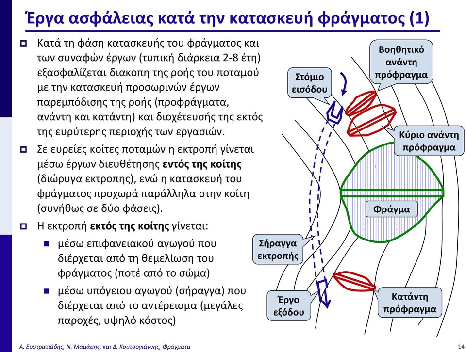 Σε ευρείες κοίτες ποταμών η εκτροπή γίνεται μέσω έργων διευθέτησης εντός της κοίτης (διώρυγα εκτροπης), ενώ η κατασκευή του φράγματος προχωρά παράλληλα στην κοίτη (συνήθως σε δύο φάσεις).