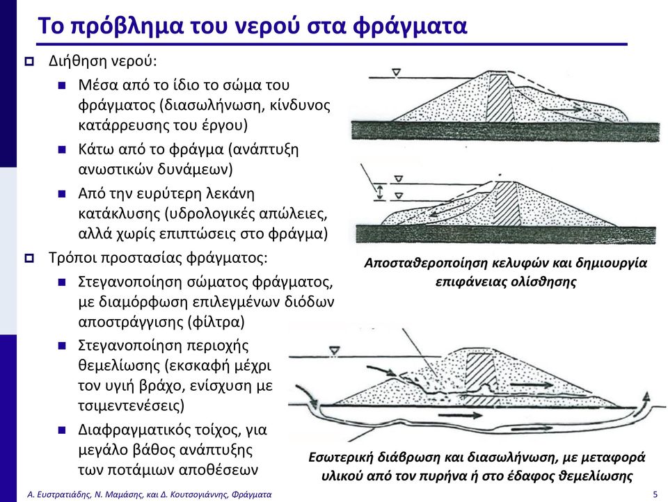 (φίλτρα) Στεγανοποίηση περιοχής θεμελίωσης (εκσκαφή μέχρι τον υγιή βράχο, ενίσχυση με τσιμεντενέσεις) Διαφραγματικός τοίχος, για μεγάλο βάθος ανάπτυξης των ποτάμιων αποθέσεων Αποσταθεροποίηση