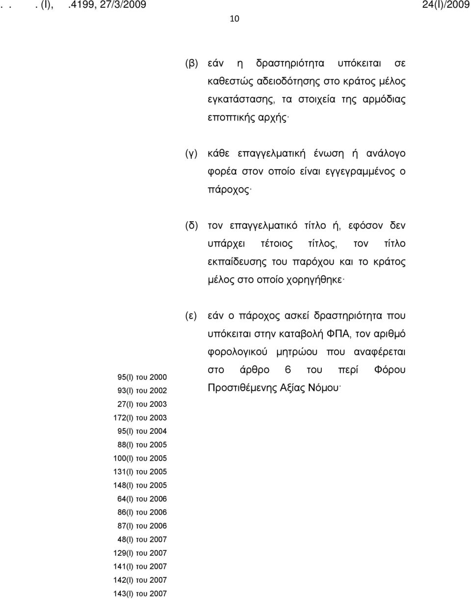 27(Ι) του 2003 172(Ι) του 2003 95(Ι) του 2004 88(Ι) του 2005 100(Ι) του 2005 131(Ι) του 2005 148(Ι) του 2005 64(Ι) του 2006 86(Ι) του 2006 87(Ι) του 2006 48(Ι) του 2007 129(Ι) του 2007 141(Ι) του