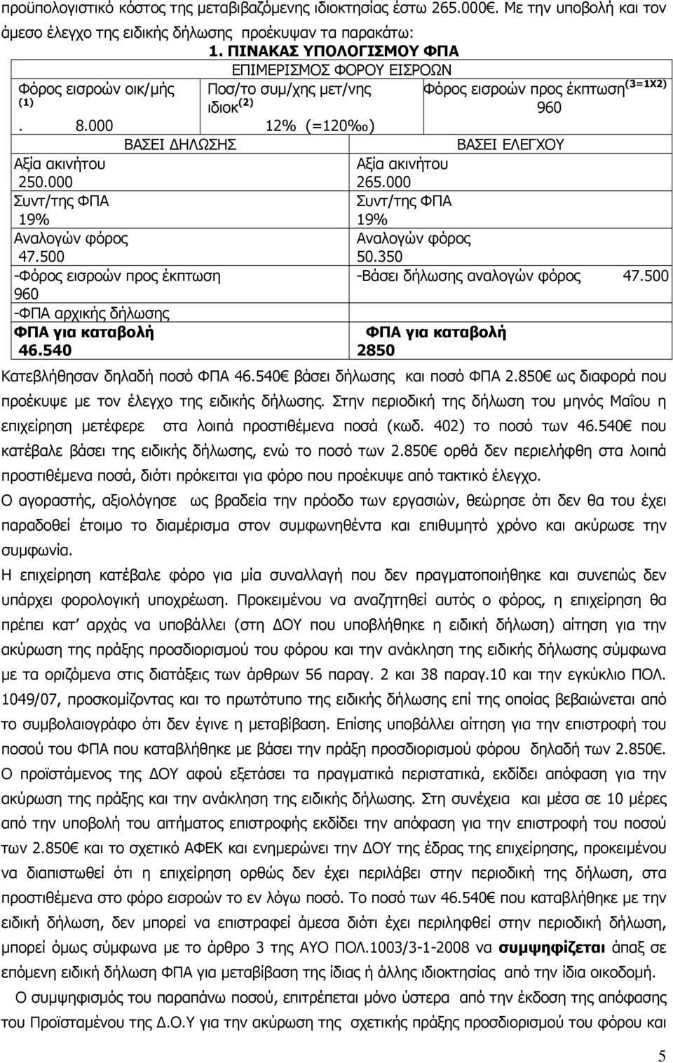 500 ΦΠΑ για καταβολή 2850 Κατεβλήθησαν δηλαδή ποσό ΦΠΑ 46.540 βάσει δήλωσης και ποσό ΦΠΑ 2.850 ως διαφορά που προέκυψε με τον έλεγχο της ειδικής δήλωσης.