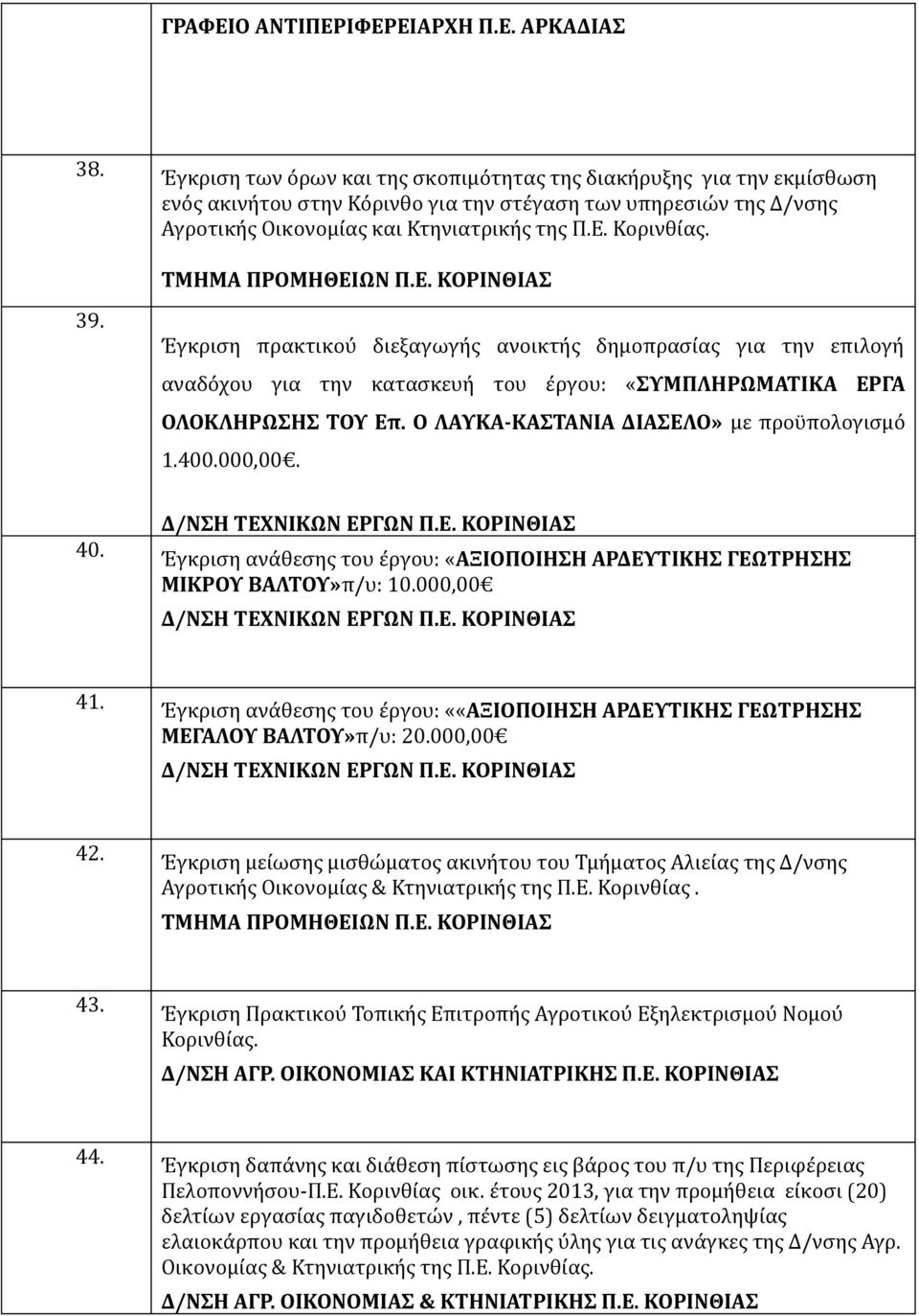 ΤΜΗΜΑ ΠΡΟΜΗΘΕΙΩΝ Π.Ε. ΚΟΡΙΝΘΙΑΣ 39. Έγκριση πρακτικού διεξαγωγής ανοικτής δημοπρασίας για την επιλογή αναδόχου για την κατασκευή του έργου: «ΣΥΜΠΛΗΡΩΜΑΤΙΚΑ ΕΡΓΑ ΟΛΟΚΛΗΡΩΣΗΣ ΤΟΥ Επ.