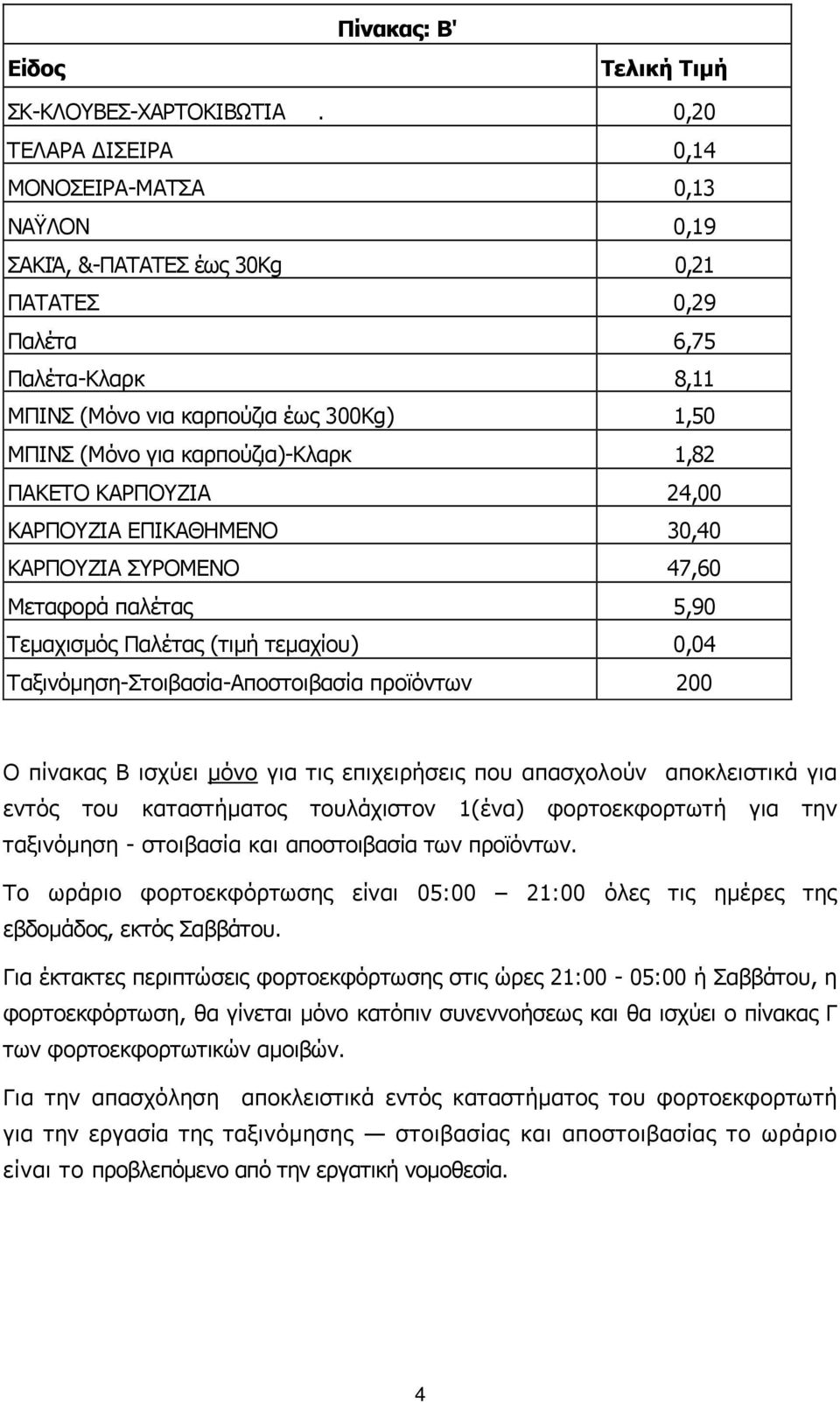 καρπούζια)-κλαρκ 1,82 ΠΑΚΕΤΟ ΚΑΡΠΟΥΖΙΑ 24,00 ΚΑΡΠΟΥΖΙΑ ΕΠΙΚΑΘΗΜΕΝΟ 30,40 ΚΑΡΠΟΥΖΙΑ ΣΥΡΟΜΕΝΟ 47,60 Μεταφορά παλέτας 5,90 Τεµαχισµός Παλέτας (τιµή τεµαχίου) 0,04 Ταξινόµηση-Στοιβασία-Αποστοιβασία