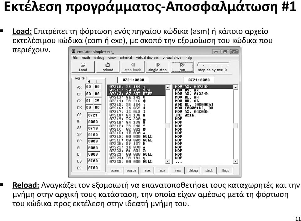 Reload: Αναγκάζει τον εξομοιωτή να επανατοποθετήσει τους καταχωρητές και την μνήμη στην αρχική