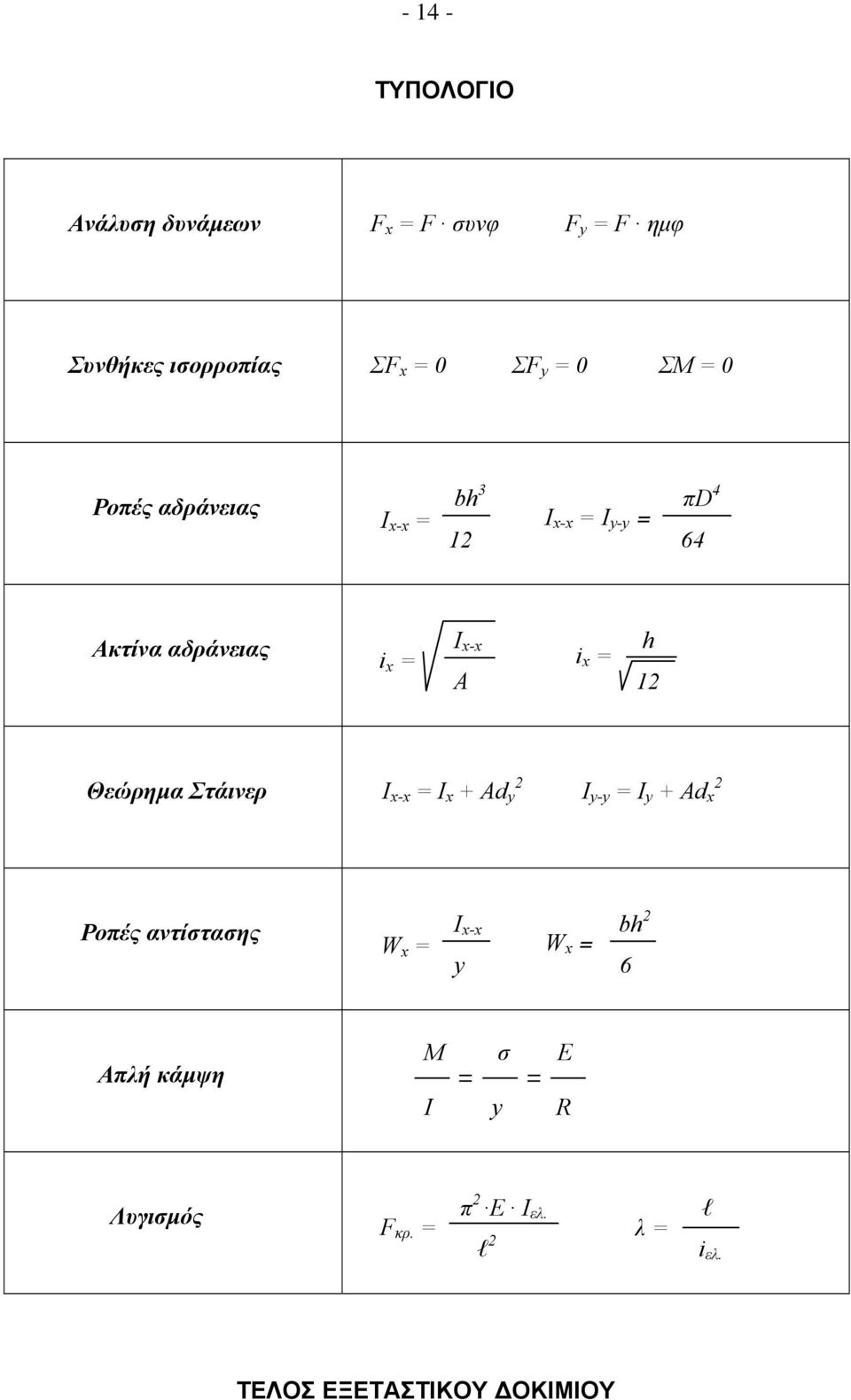 12 Θεώρημα Στάινερ Ι - = I + d y 2 Ι y-y = I y + d 2 Ροπές αντίστασης I - bh 2 W = W = y 6