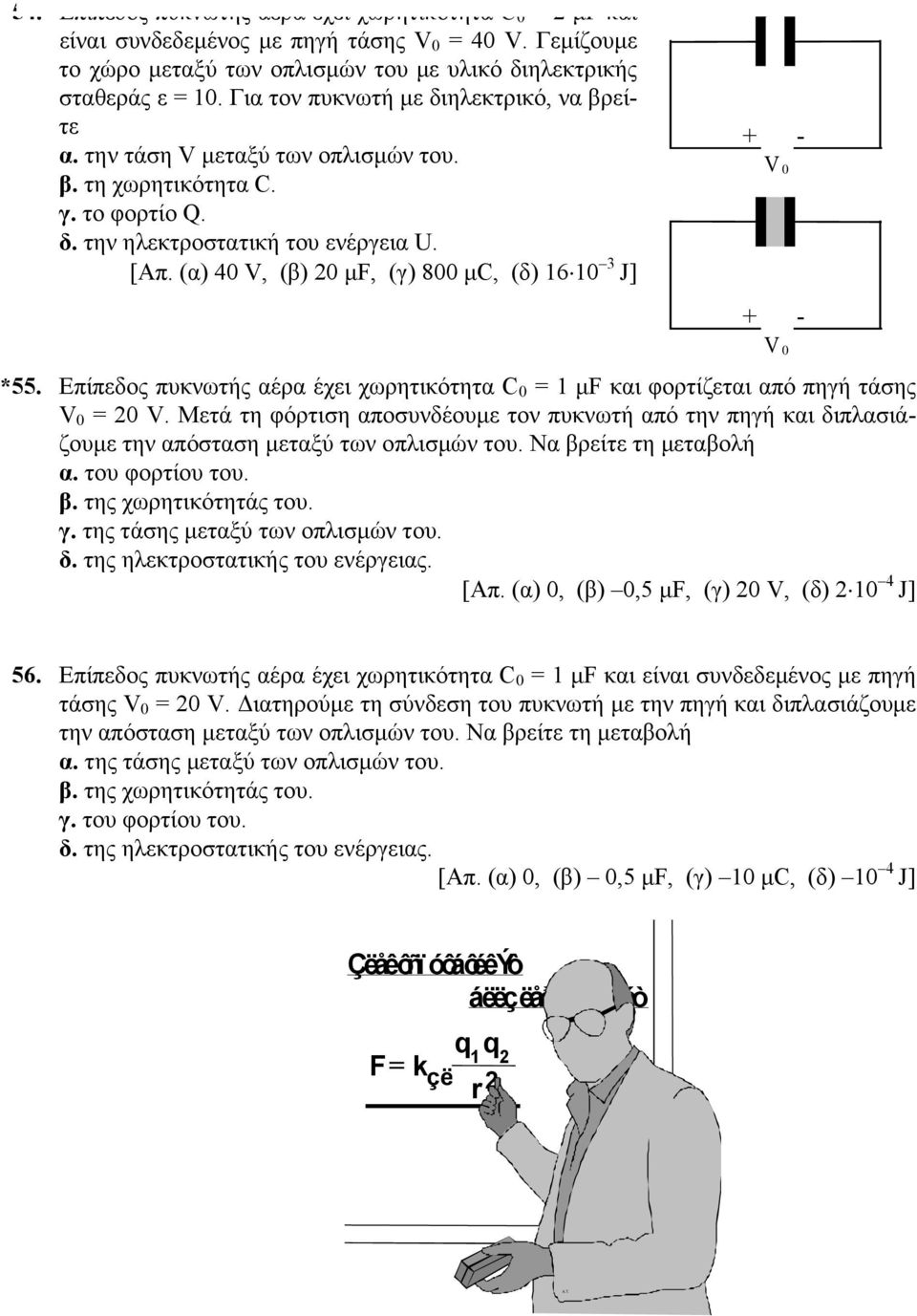 δ. την ηλεκτροστατική του ενέργεια U. [Απ. (α) 40 V, (β) 20 µf, (γ) 800 µc, (δ) 1610 3 J] *55. Επίπεδος πυκνωτής αέρα έχει χωρητικότητα C 0 = 1 µf και φορτίζεται από πηγή τάσης V 0 = 20 V.
