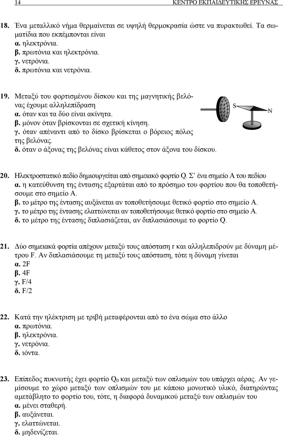 όταν απέναντι από το δίσκο βρίσκεται ο βόρειος πόλος της βελόνας. δ. όταν ο άξονας της βελόνας είναι κάθετος στον άξονα του δίσκου. S Ν 20. Ηλεκτροστατικό πεδίο δηµιουργείται από σηµειακό φορτίο Q.