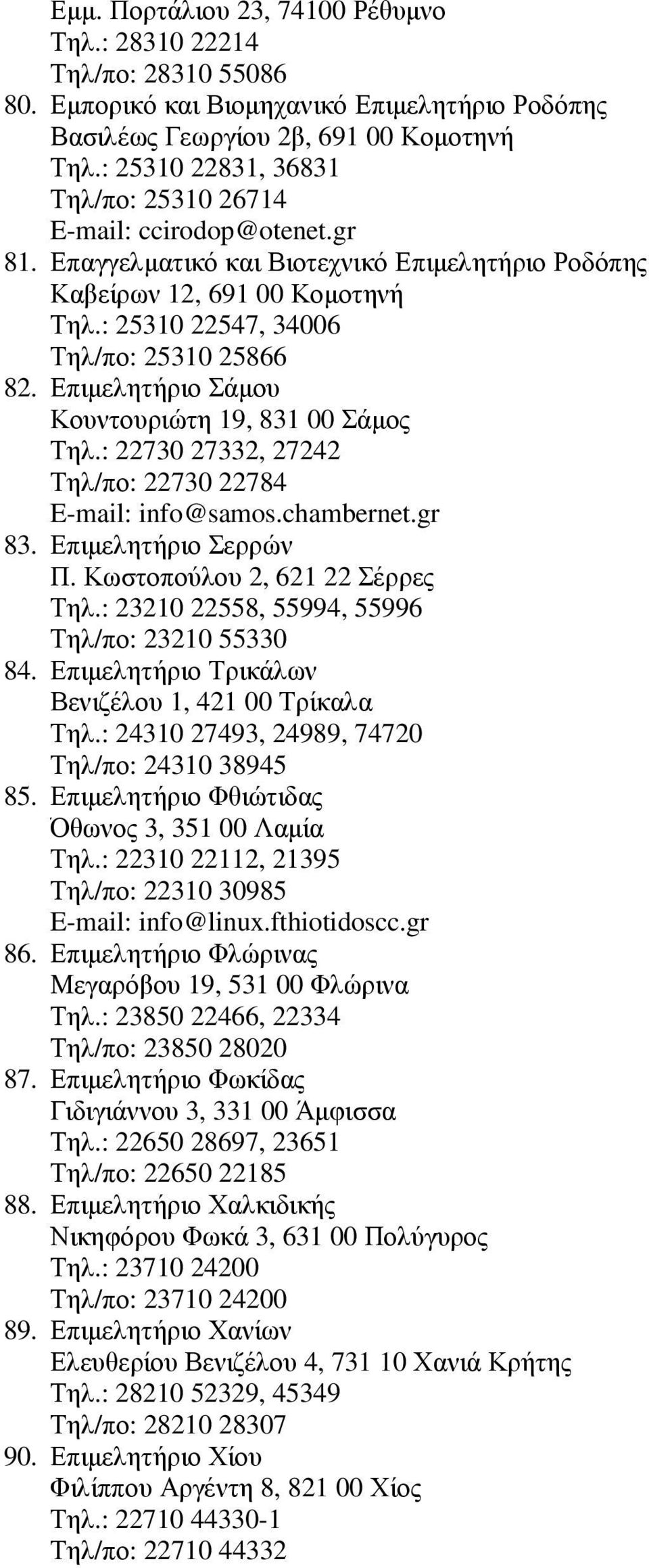 Επιµελητήριο Σάµου Κουντουριώτη 19, 831 00 Σάµος Τηλ.: 22730 27332, 27242 Τηλ/πο: 22730 22784 E-mail: info@samos.chambernet.gr 83. Επιµελητήριο Σερρών Π. Κωστοπούλου 2, 621 22 Σέρρες Τηλ.