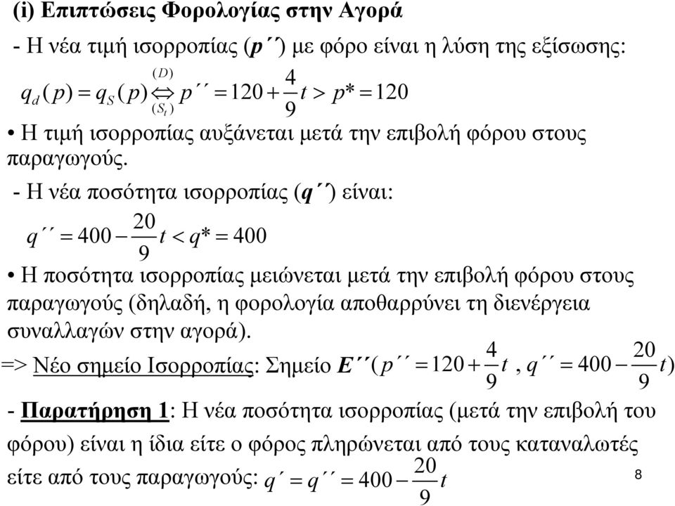 - Η νέα ποσότητα ισορροπίας (q ) είναι: 20 q = 400 t < q* = 400 Η ποσότητα ισορροπίας μειώνεται μετά την επιβολή φόρου στους παραγωγούς (δηλαδή, η φορολογία