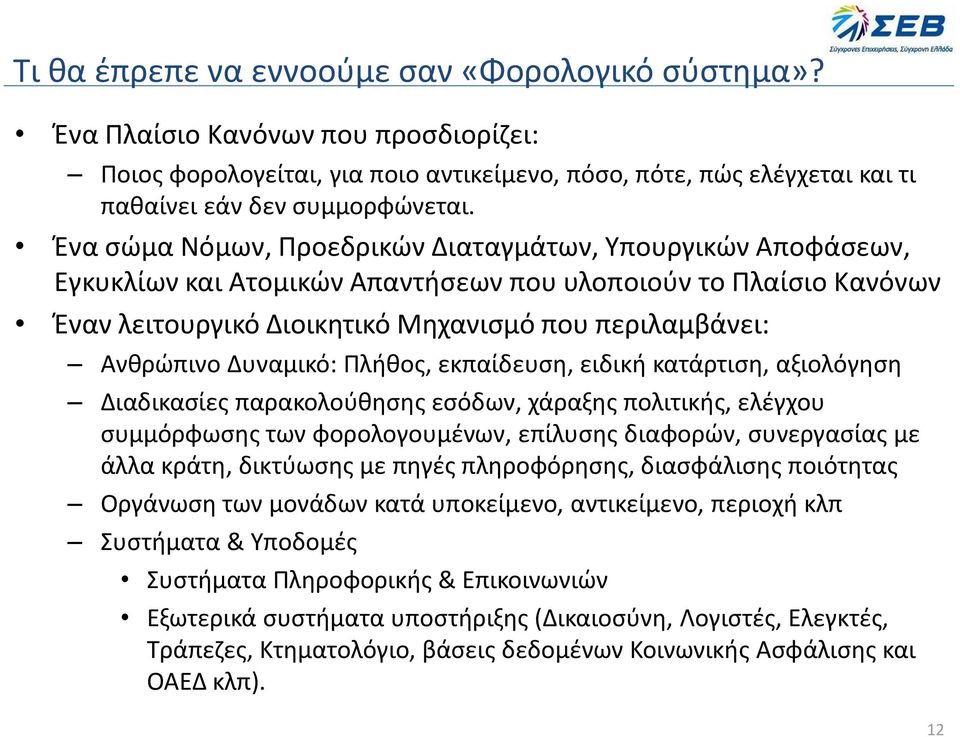 Δυναμικό: Πλήθος, εκπαίδευση, ειδική κατάρτιση, αξιολόγηση Διαδικασίες παρακολούθησης εσόδων, χάραξης πολιτικής, ελέγχου συμμόρφωσης των φορολογουμένων, επίλυσης διαφορών, συνεργασίας με άλλα κράτη,