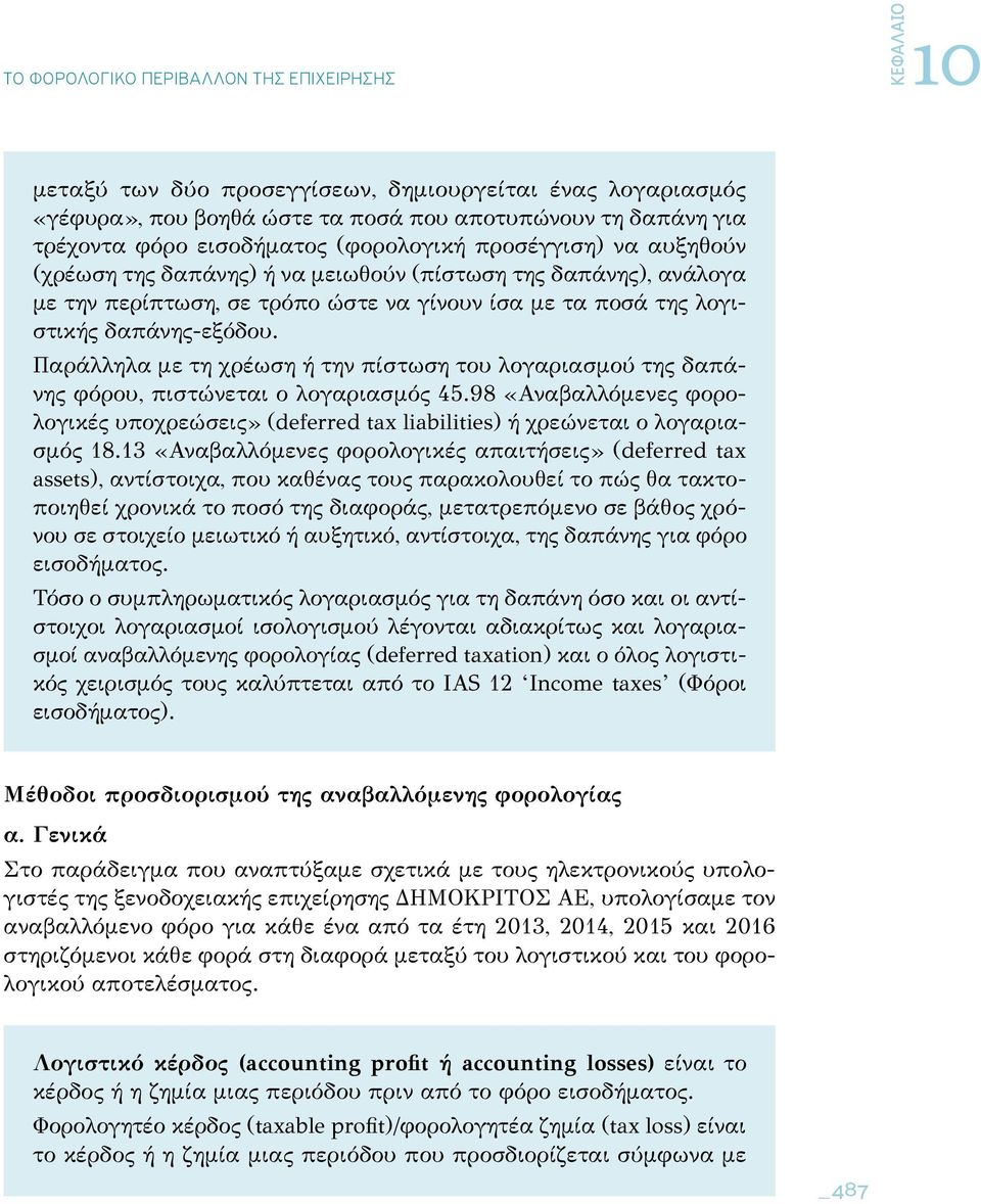 Παράλληλα με τη χρέωση ή την πίστωση του λογαριασμού της δαπάνης φόρου, πιστώνεται ο λογαριασμός 45.98 «Αναβαλλόμενες φορολογικές υποχρεώσεις» (deferred tax liabilities) ή χρεώνεται ο λογαριασμός 18.