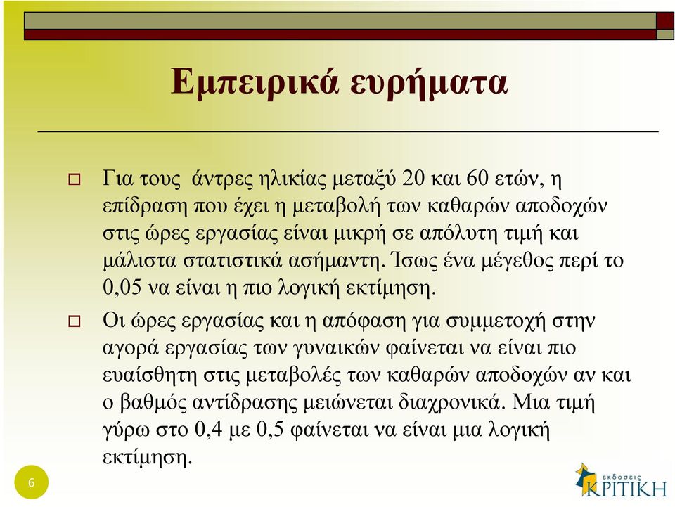 Οι ώρες εργασίας και η απόφαση για συμμετοχή στην αγορά εργασίας των γυναικών φαίνεται να είναι πιο ευαίσθητη στις μεταβολές των