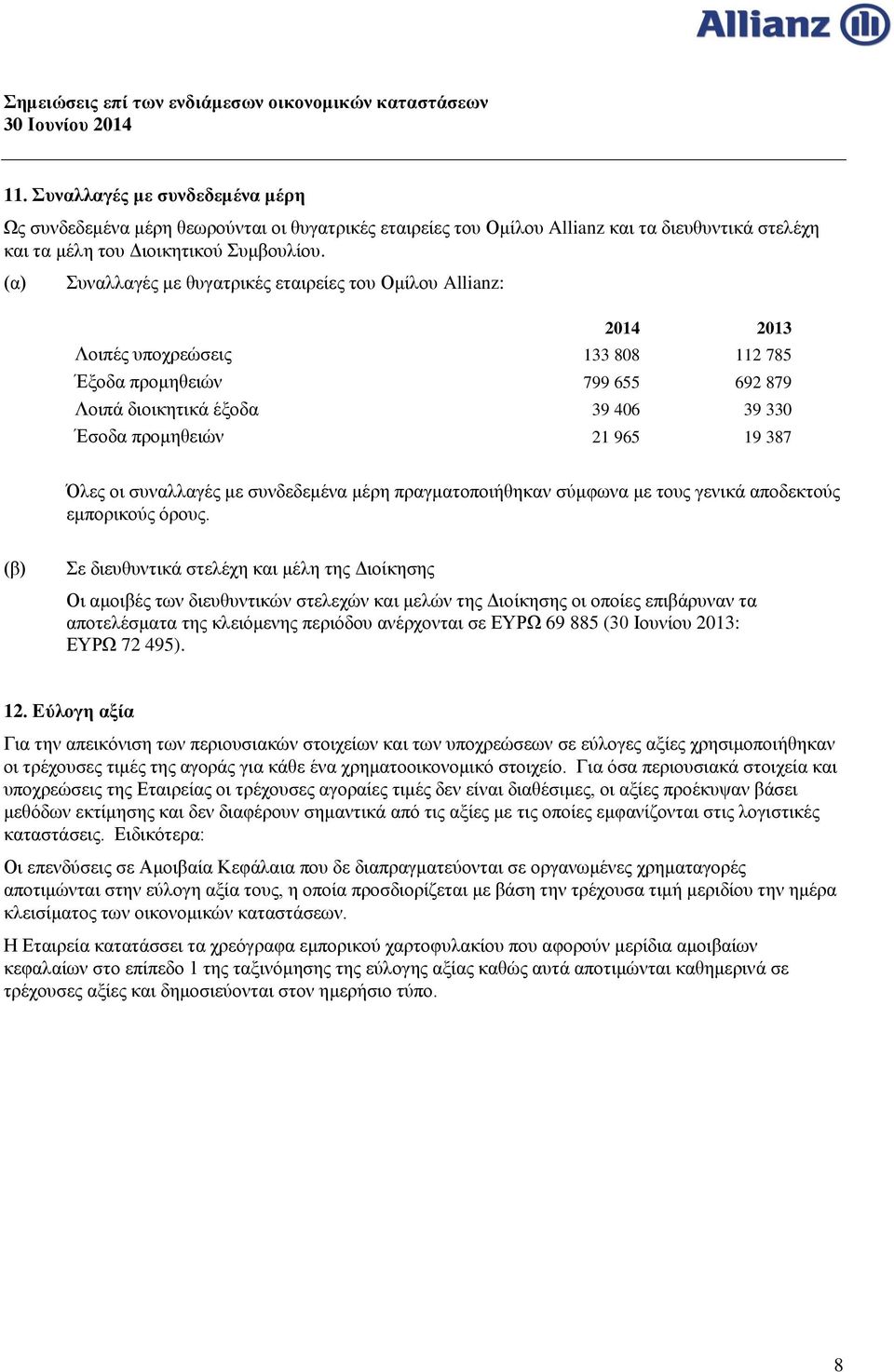 (α) Συναλλαγές με θυγατρικές εταιρείες του Ομίλου Allianz: 2014 2013 Λοιπές υποχρεώσεις 133 808 112 785 Έξοδα προμηθειών 799 655 692 879 Λοιπά διοικητικά έξοδα 39 406 39 330 Έσοδα προμηθειών 21 965