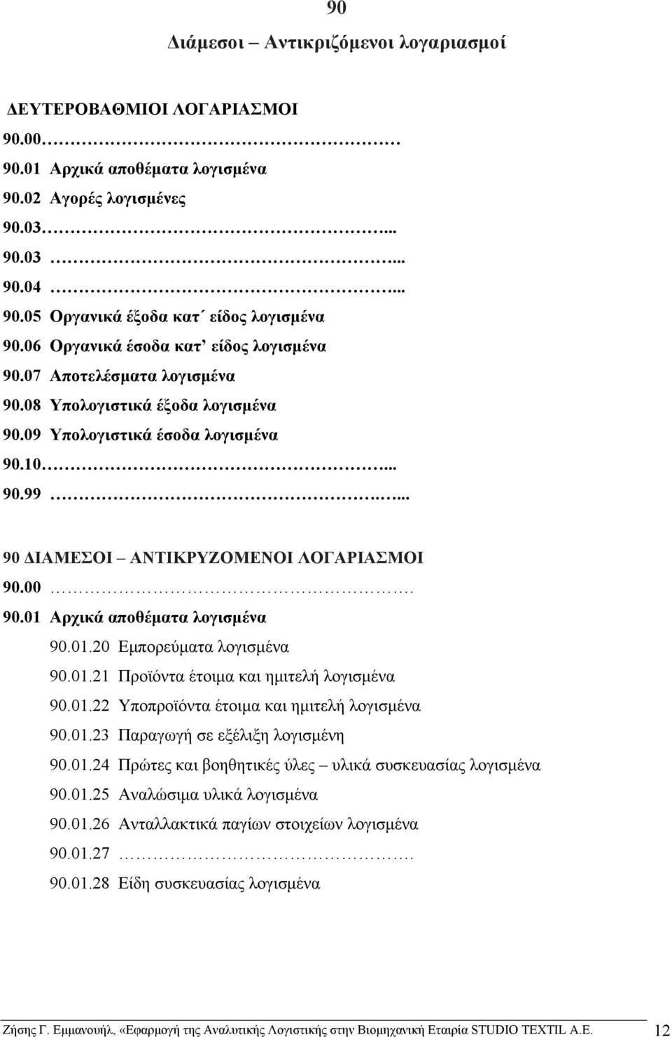 00. 90.01 Αρχικά αποθέματα λογισμένα 90.01.20 Εμπορεύματα λογισμένα 90.01.21 Προϊόντα έτοιμα και ημιτελή λογισμένα 90.01.22 Υποπροϊόντα έτοιμα και ημιτελή λογισμένα 90.01.23 Παραγωγή σε εξέλιξη λογισμένη 90.