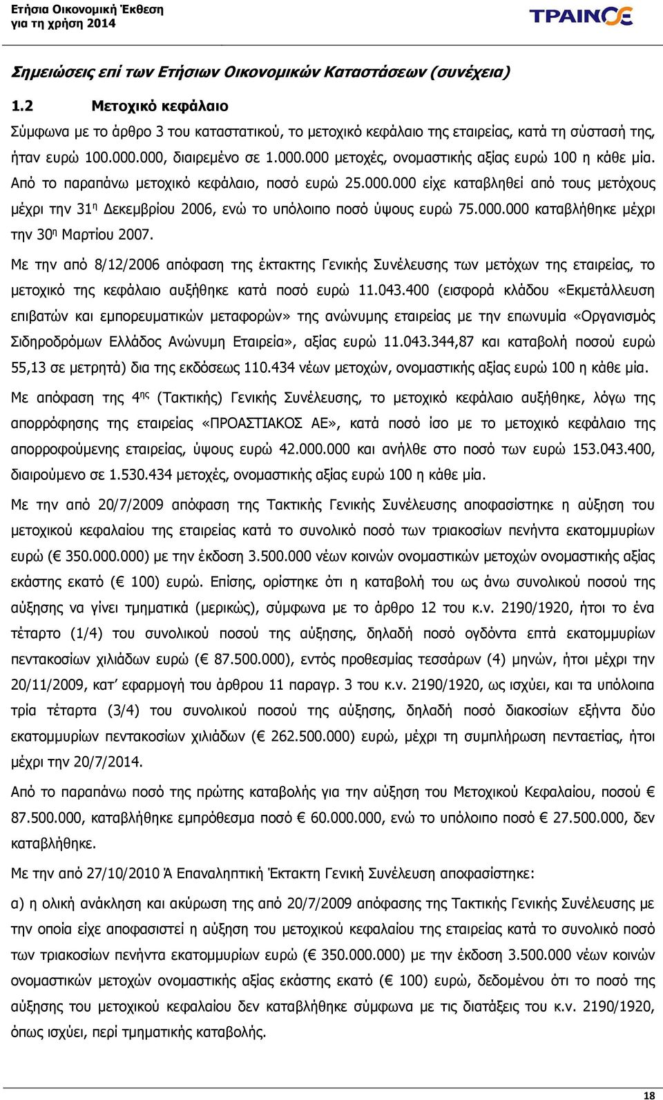 Με την από 8/12/2006 απόφαση της έκτακτης Γενικής Συνέλευσης των μετόχων της εταιρείας, το μετοχικό της κεφάλαιο αυξήθηκε κατά ποσό ευρώ 11.043.