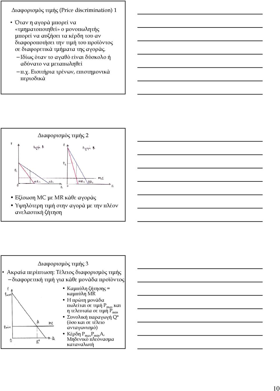 Εισιτήρια τρένων, επιστημονικά περιοδικά Διαφορισμός τιμής 2 Εξίσωση MC με ΜR κάθε αγοράς Υψηλότερη τιμή στην αγορά με την πλέον ανελαστική ζήτηση Διαφορισμός τιμής 3 Ακραία