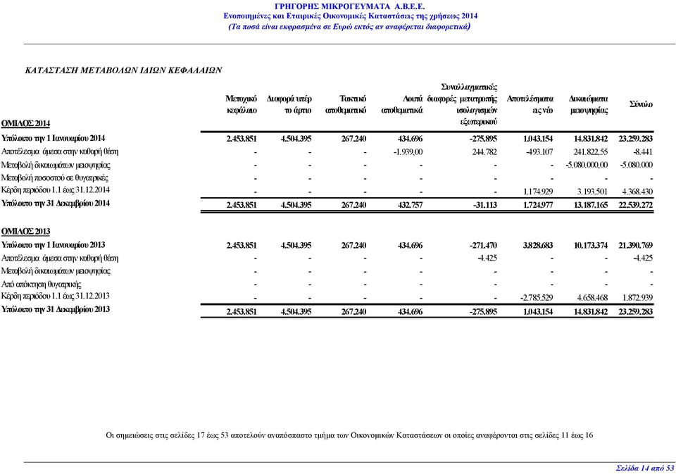 107 241.822,55-8.441 Μεταβολή δικαιωµάτων µειοψηφίας - - - - - - -5.080.000,00-5.080.000 Μεταβολή ποσοστού σε θυγατρικές - - - - - - - - Κέρδη περιόδου 1.1 έως 31.12.2014 - - - - - 1.174.929 3.193.